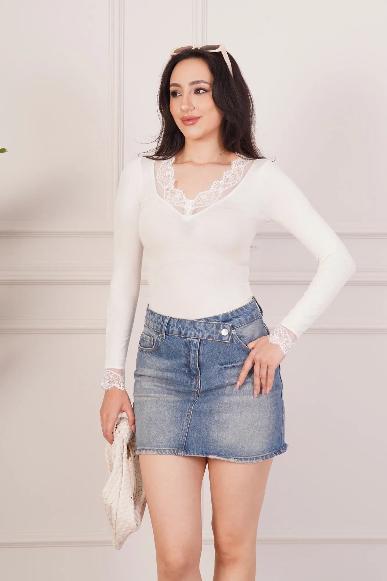 Dantel Detaylı Uzun Kollu Krem Toptan Body Bluz - Krem