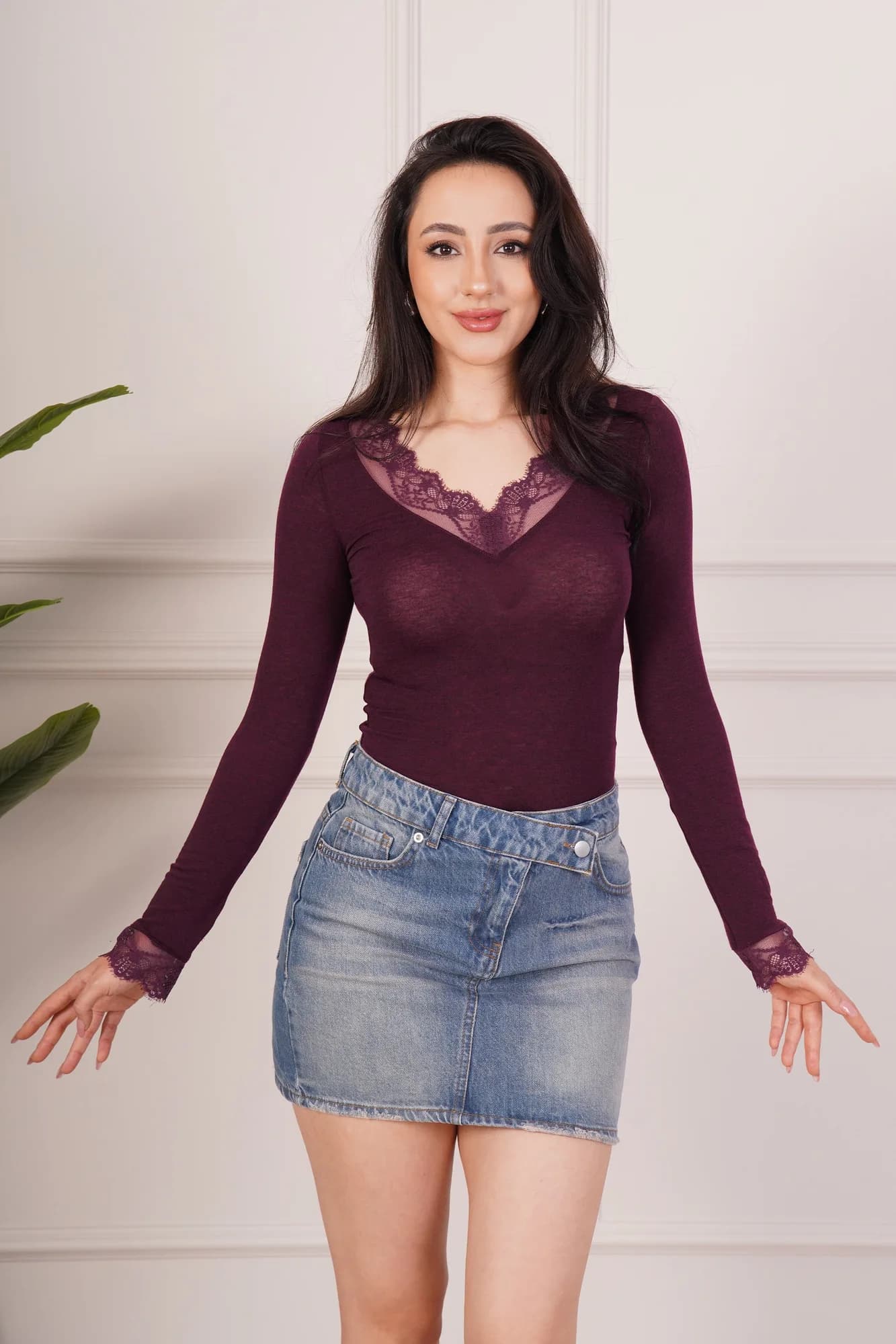 Dantel Detaylı Uzun Kollu Mürdüm Toptan Body Bluz - Mürdüm