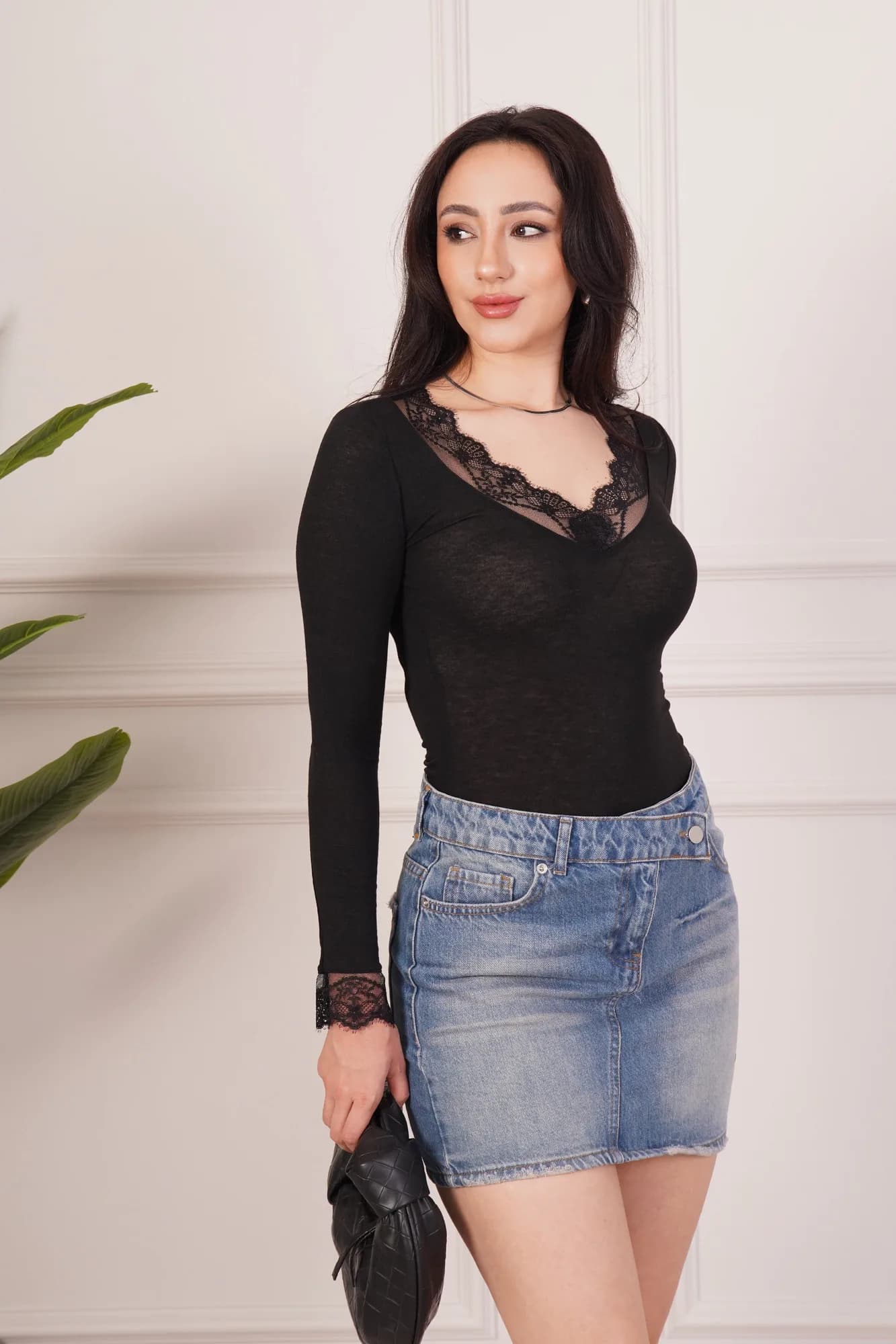 Dantel Detaylı Uzun Kollu Siyah Toptan Body Bluz - Siyah