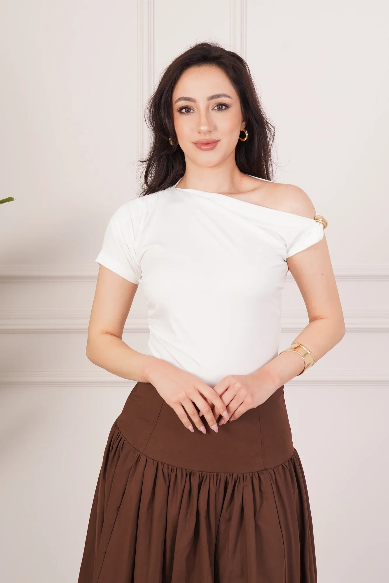 Omuz Toka Detaylı Beyaz Toptan Bluz - Beyaz