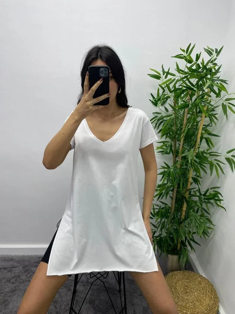 Yırtmaçlı Uzun T-Shirt - Beyaz
