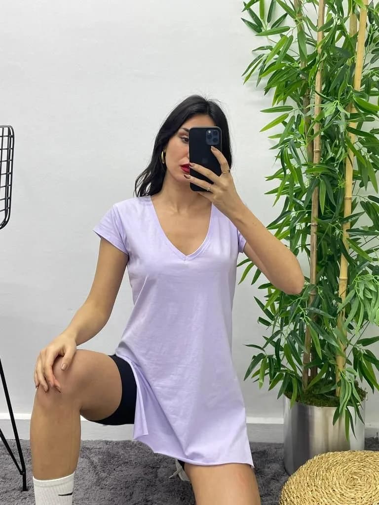 Yırtmaçlı Uzun T-Shirt - Lila