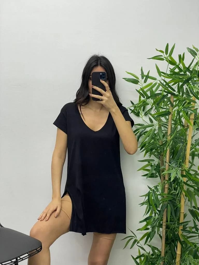 Yırtmaçlı Uzun T-Shirt - Siyah