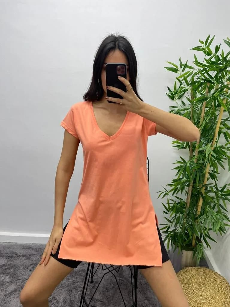 Yırtmaçlı Uzun T-Shirt - Turuncu