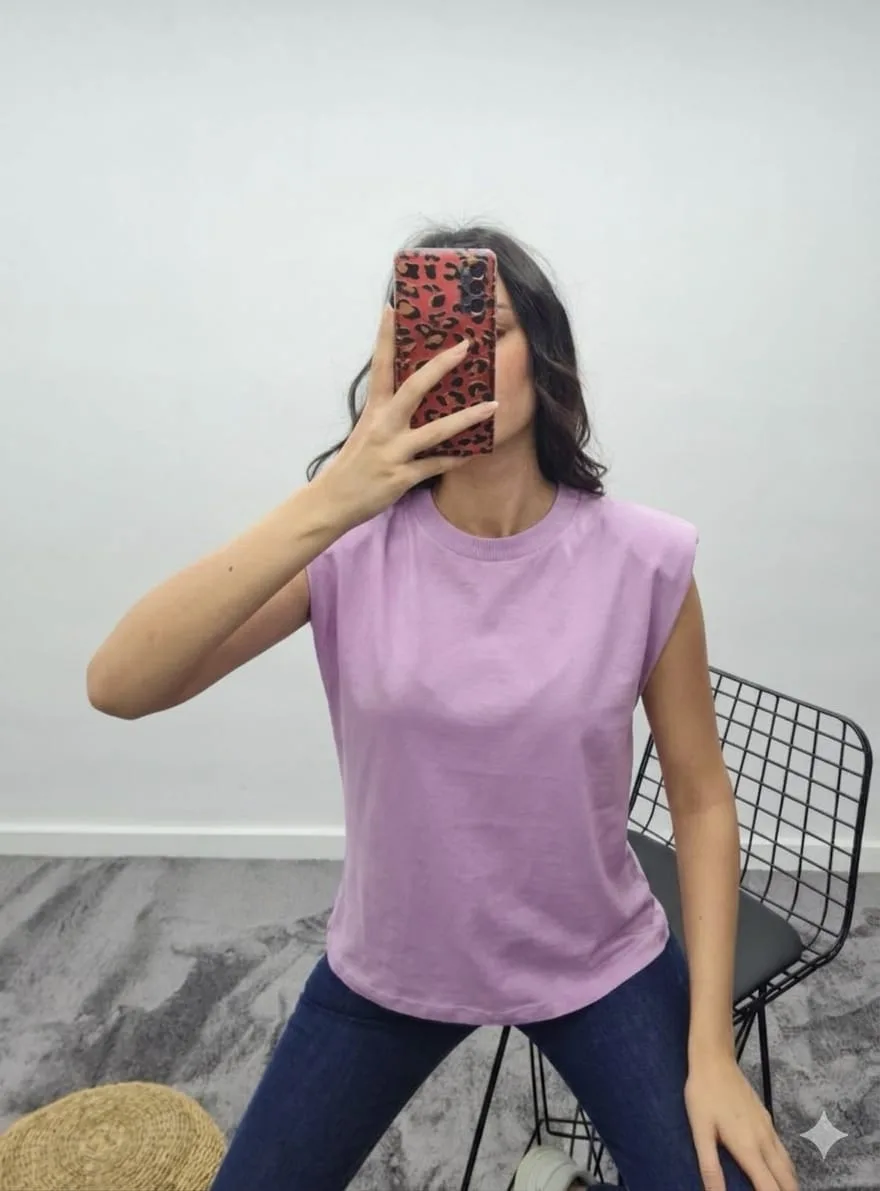Vatkalı Bisiklet Yaka T-Shirt - Lila