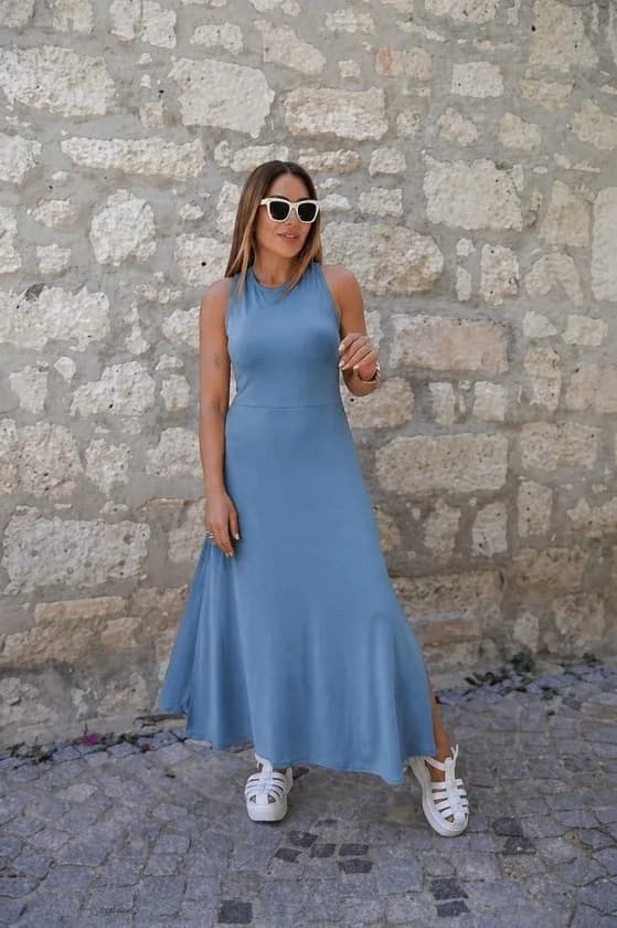 Kadın Arkadan çapraz Detay Yuvarlak Yaka Maksi Viskon Elbise, 34146