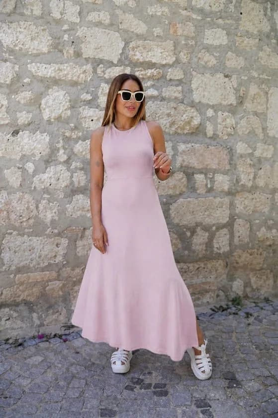 Kadın Arkadan çapraz Detay Yuvarlak Yaka Maksi Viskon Elbise, 34145