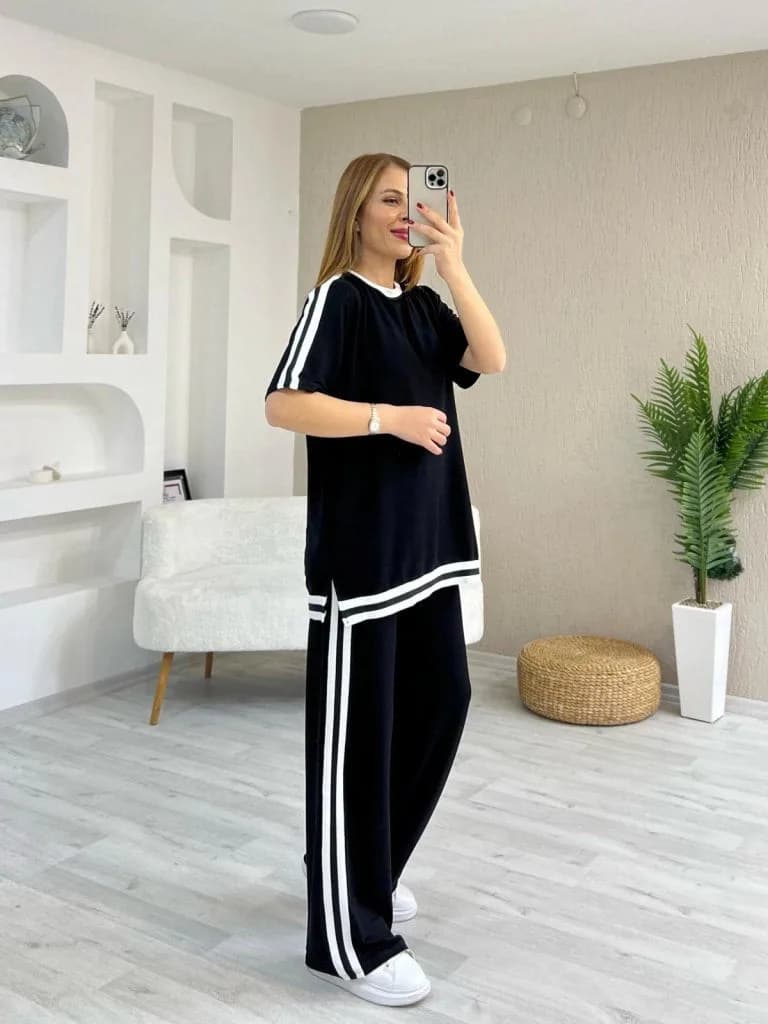 Kadın Kısa Kollu Bisiklet Yaka çift Renk şerit Detaylı Viskon Iki Iplik Bluz Ve Pantolon Ikili Takım , 33929