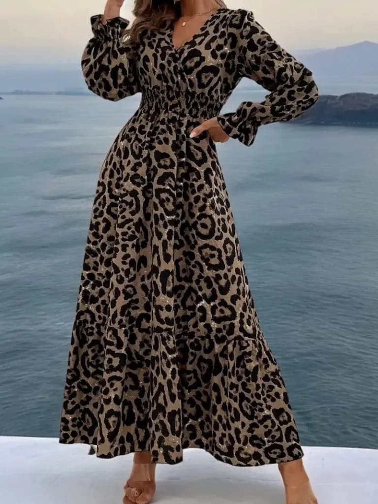 Kadın Uzun Kollu Kruvaze Yaka Leopar Desenli Uzun Süprem Elbise, 26837