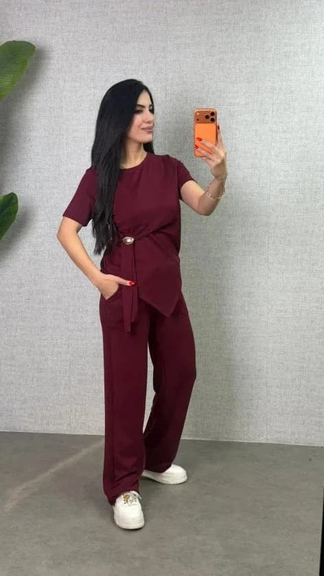 Kadın Kısa Kollu Bisiklet Yaka Yandan Toka Detaylı Viskon Iki Iplik Bluz Ve Pantolon Ikili Takım, 34323