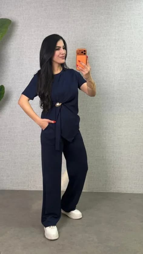 Kadın Kısa Kollu Bisiklet Yaka Yandan Toka Detaylı Viskon Iki Iplik Bluz Ve Pantolon Ikili Takım, 34322