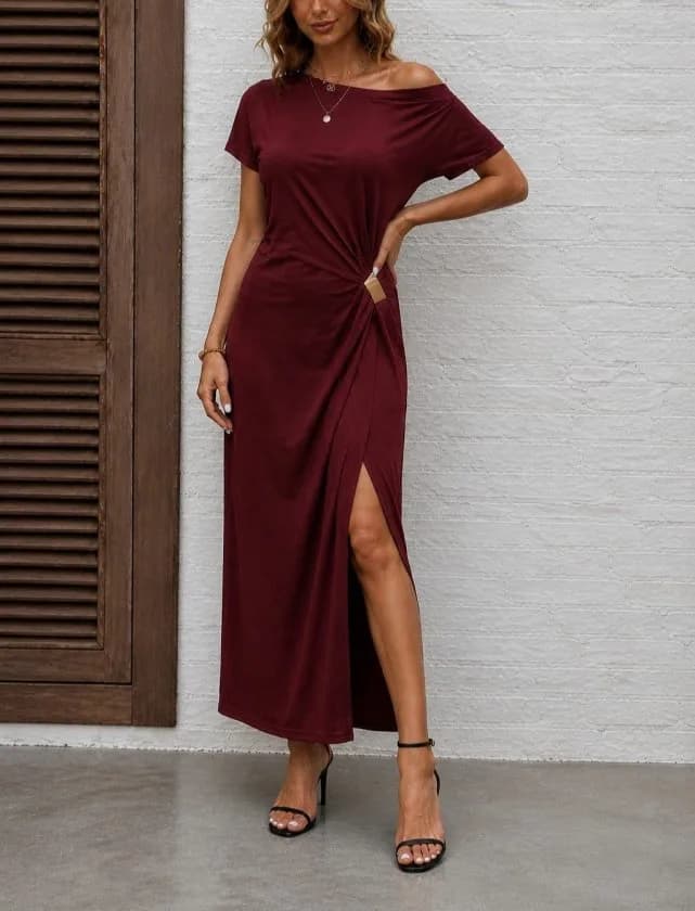 Kadın Kısa Kollu Tek Omuzdan Açık Beli Lastikli Sandy Maxi Elbise , 34333 - Bordo