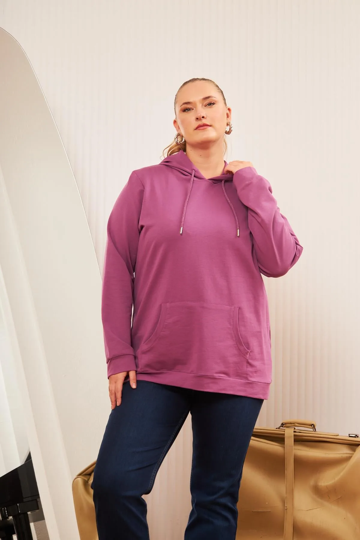 Kapşonlu Büyük Beden Mürdüm Sweatshirt
