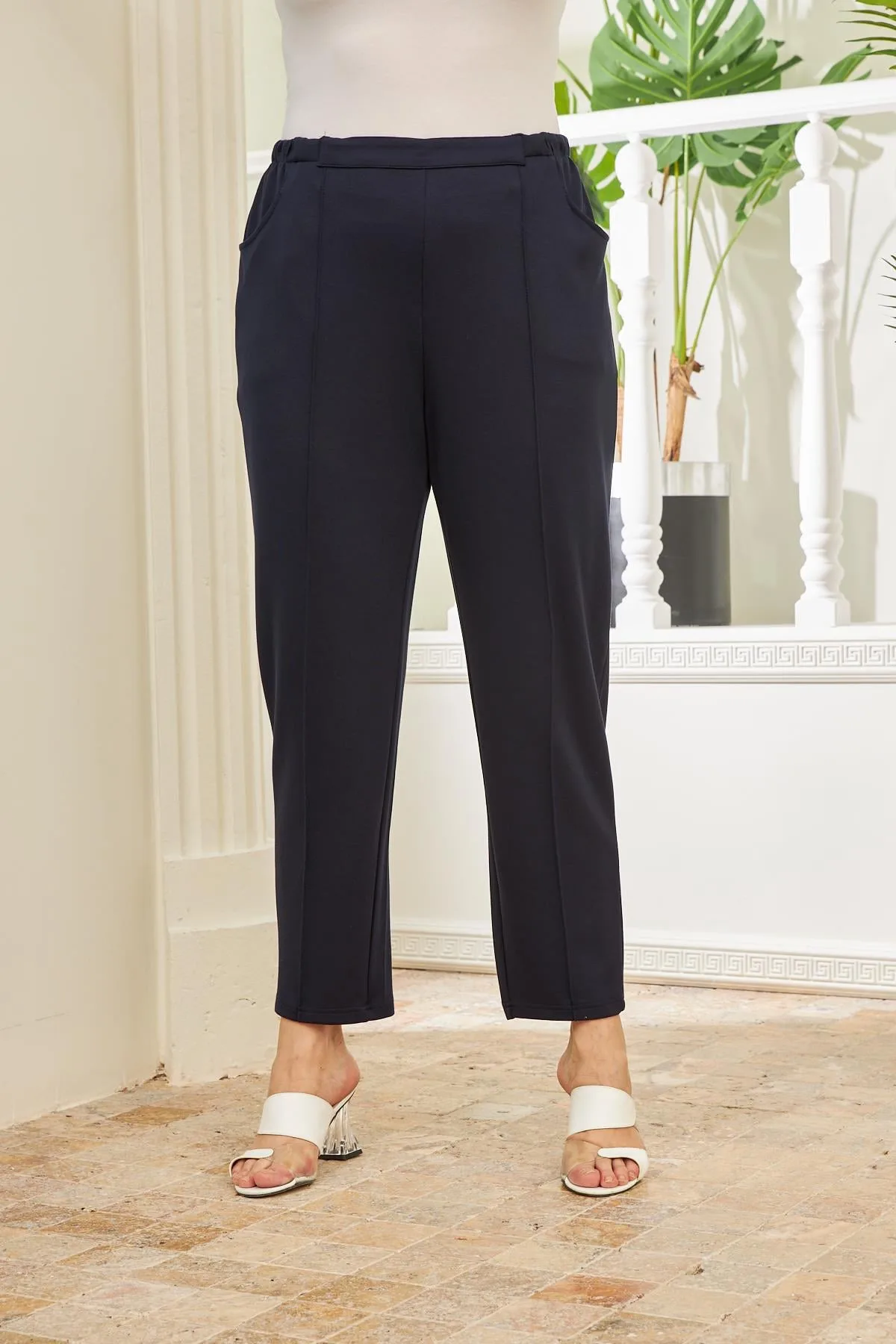 Beli Lastikli Fitilli Büyük Beden Lacivert Çelik Örme Pantolon
