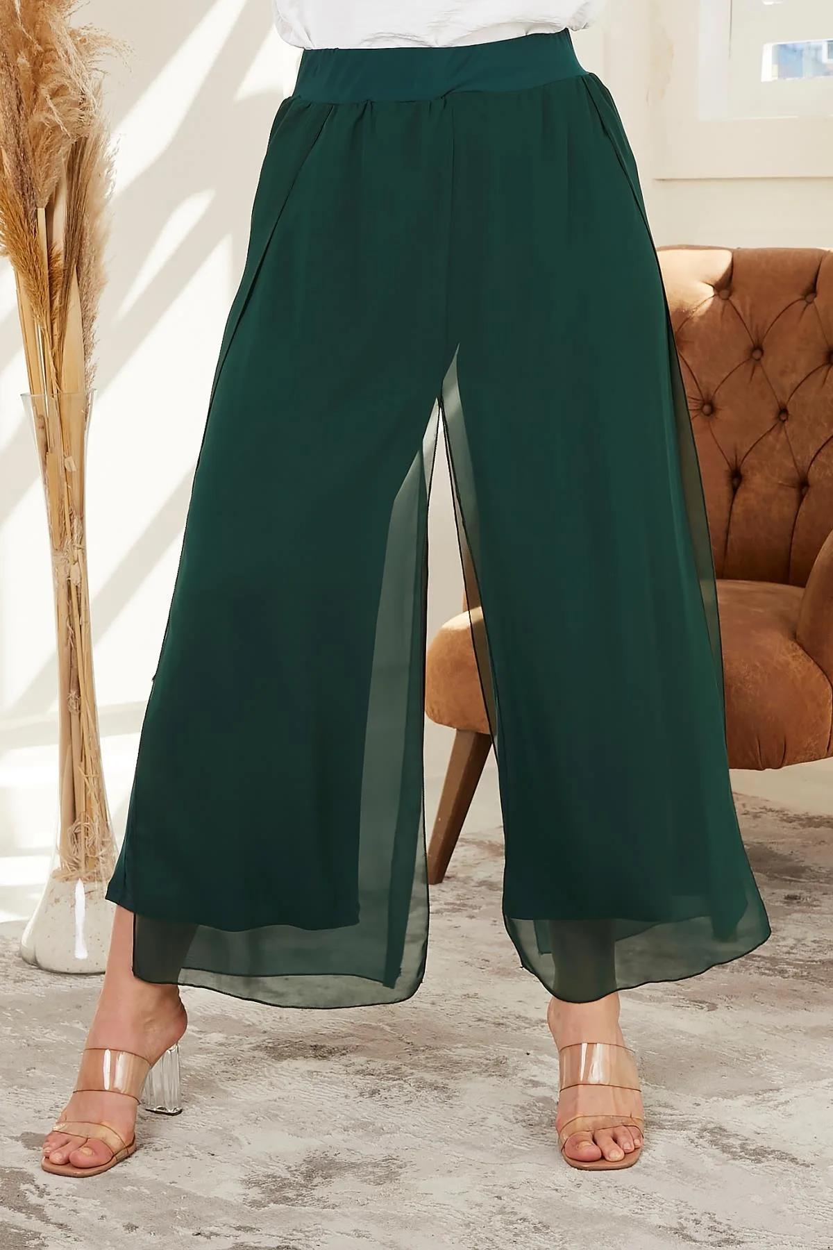 Beli Lastikli Büyük Beden Zümrüt Şifon Pantolon