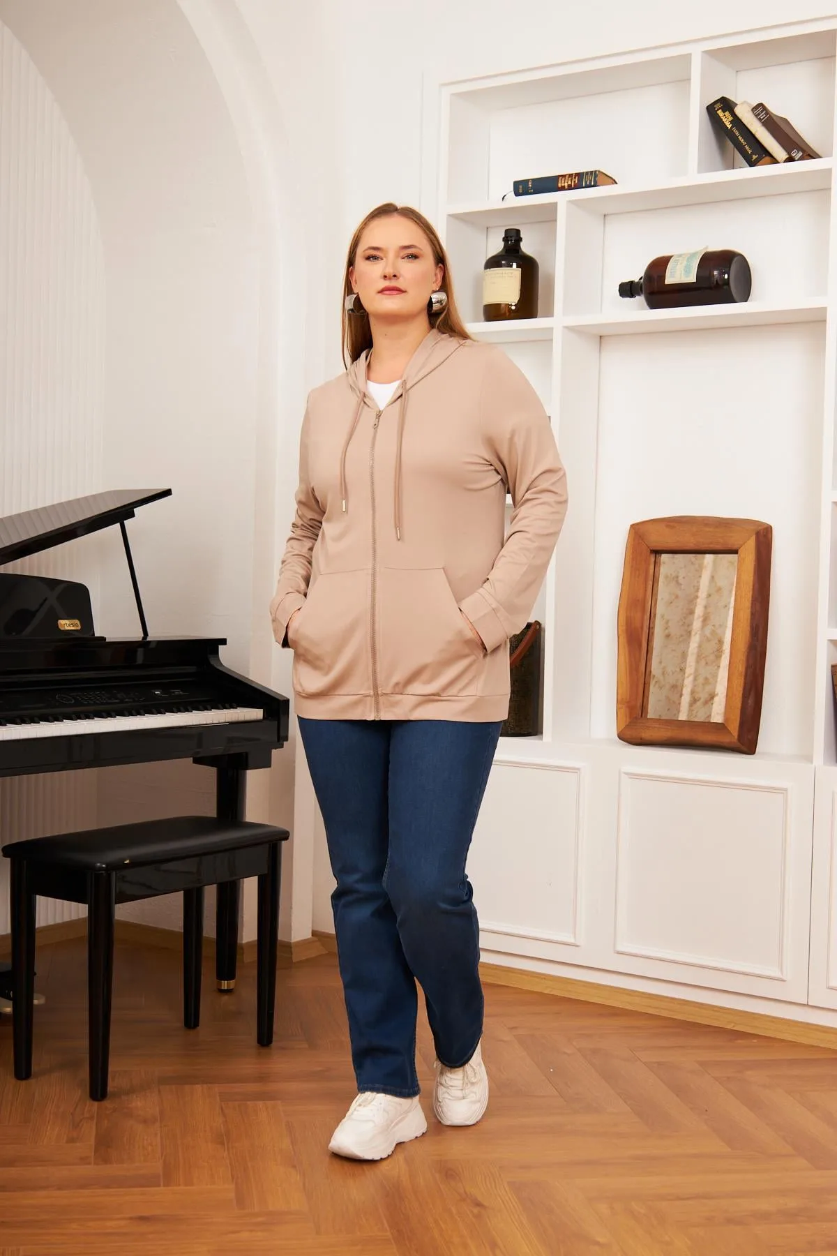Büyük Beden Modal Sweatshirt Hırka Vizon