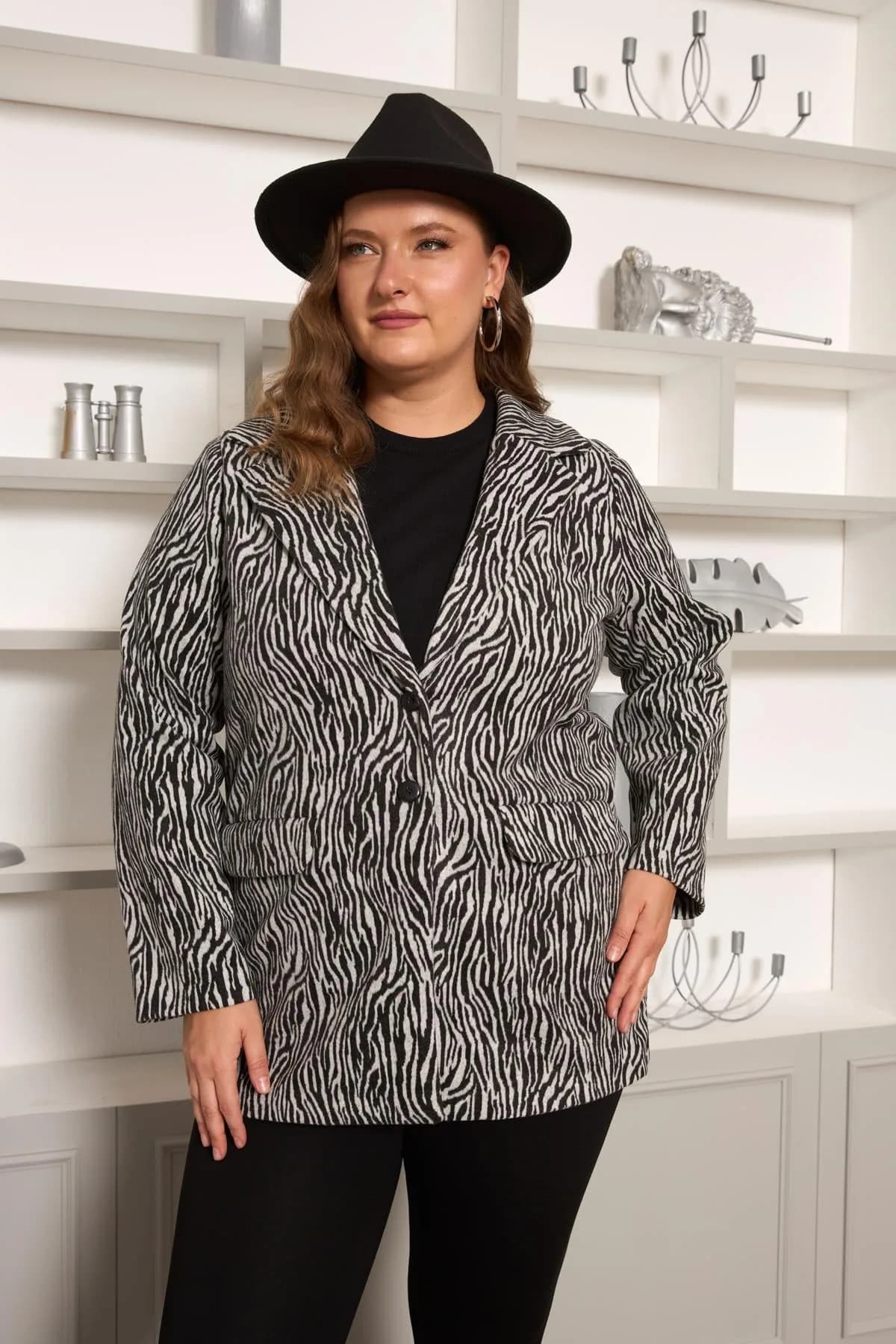 Zebra Desenli Büyük Beden Ceket Gri