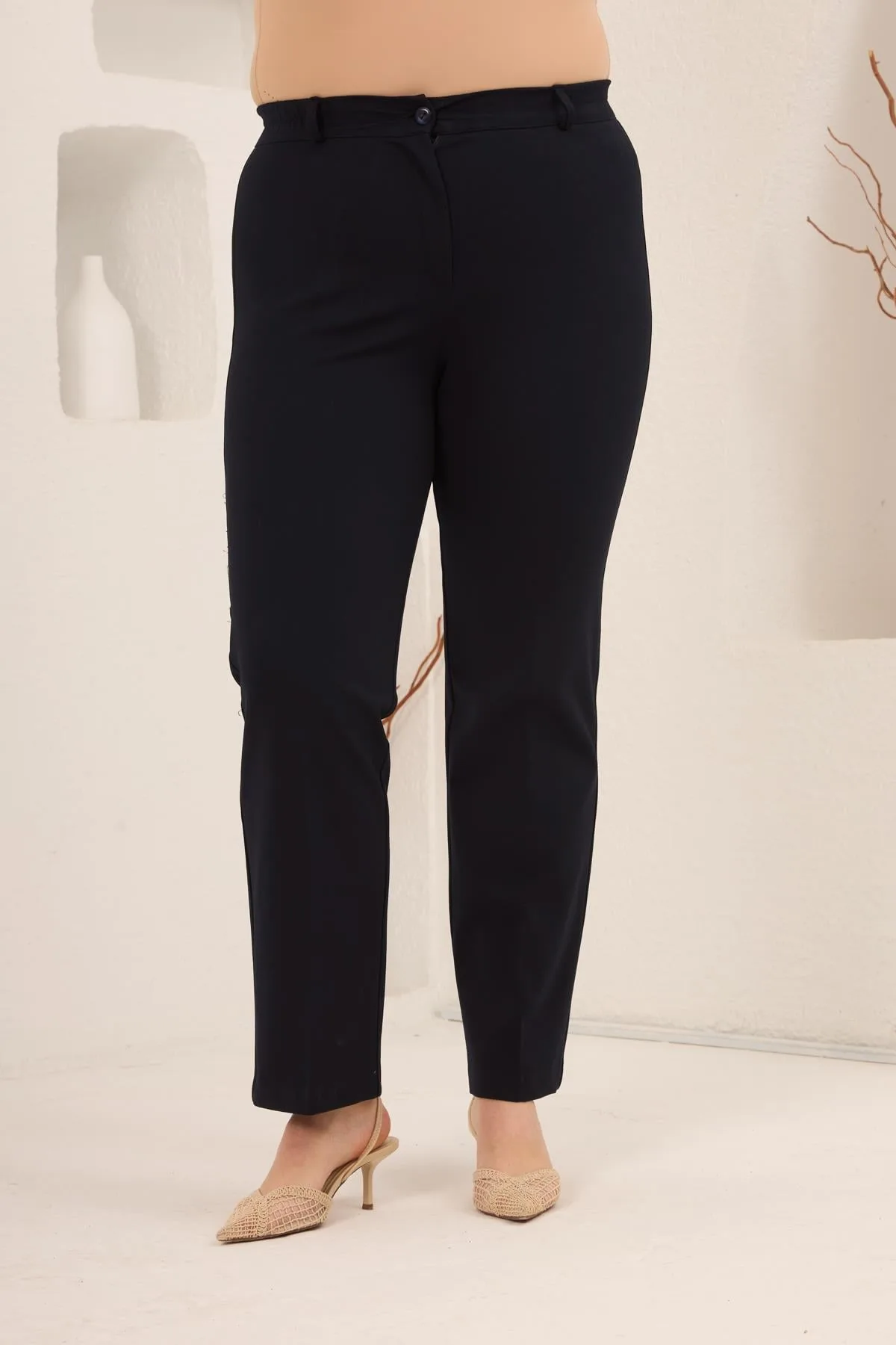 Beli Lastikli Büyük Beden Gabardin Geniş Paça Pantolon Lacivert