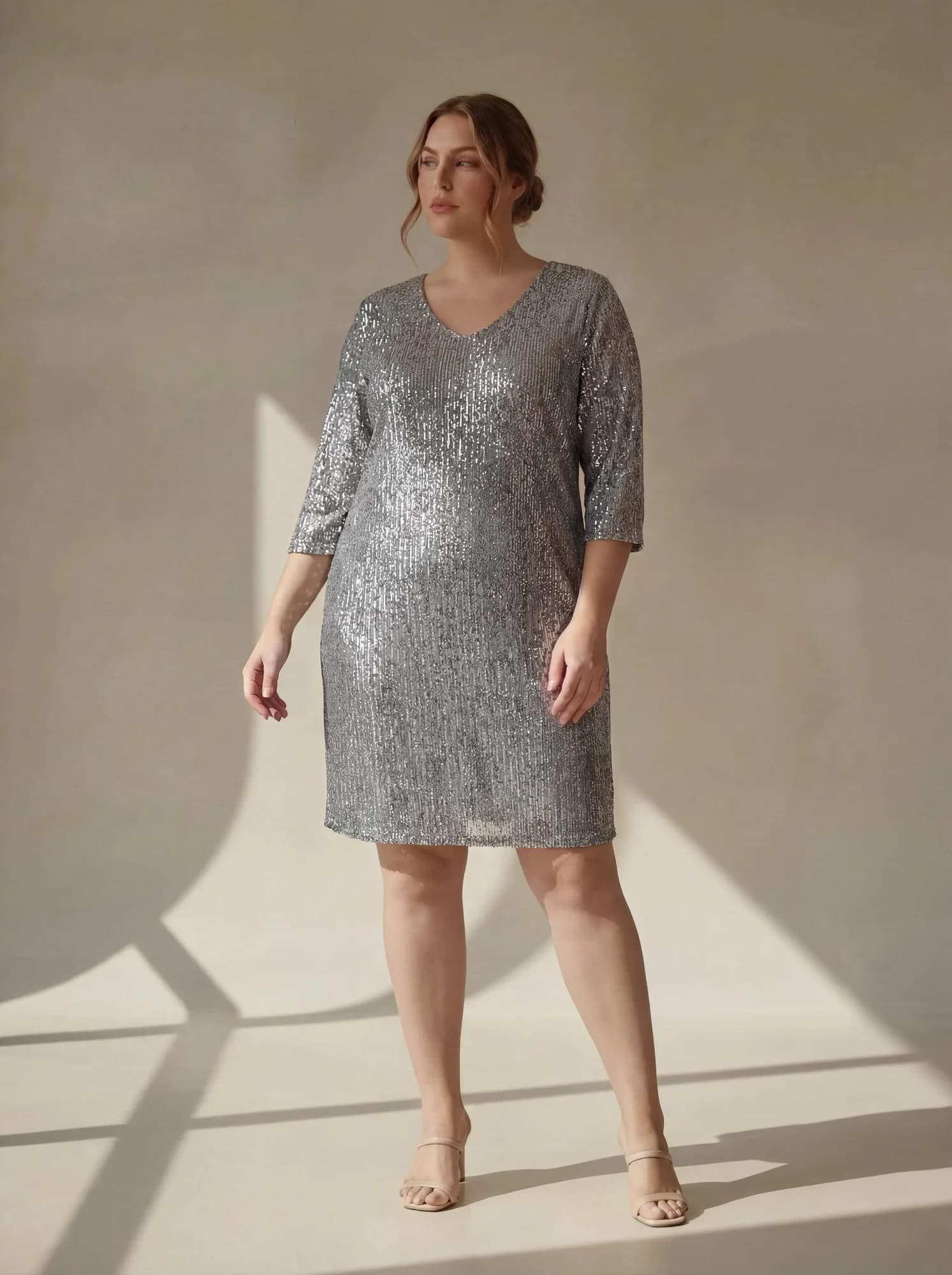 Pul Payetli Büyük Beden Abiye Elbise Gümüş