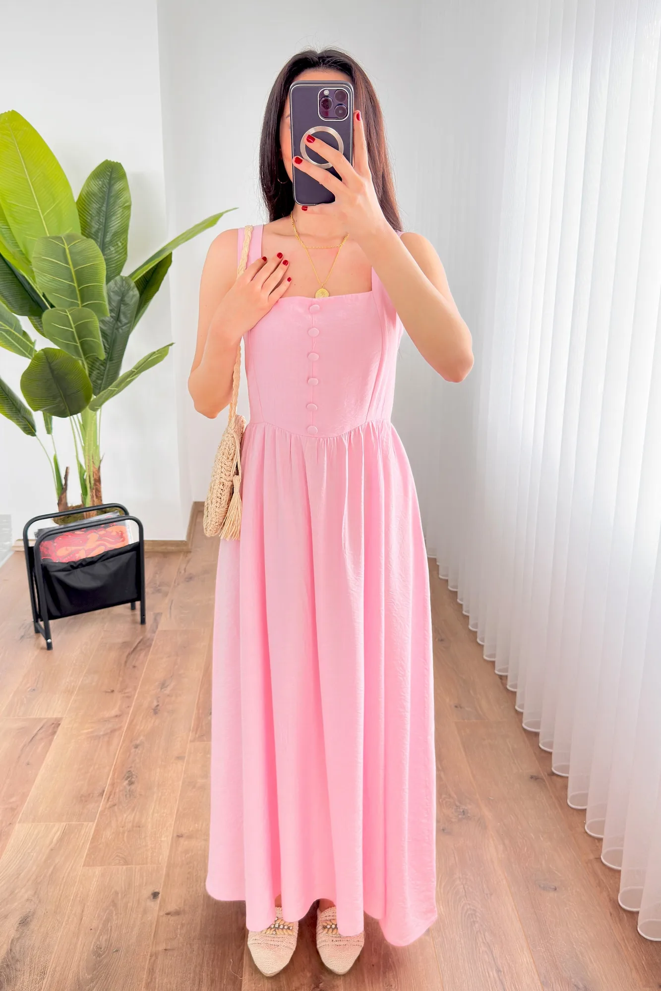 Kalın Askılı Uzun Toptan Pembe Elbise - Pembe
