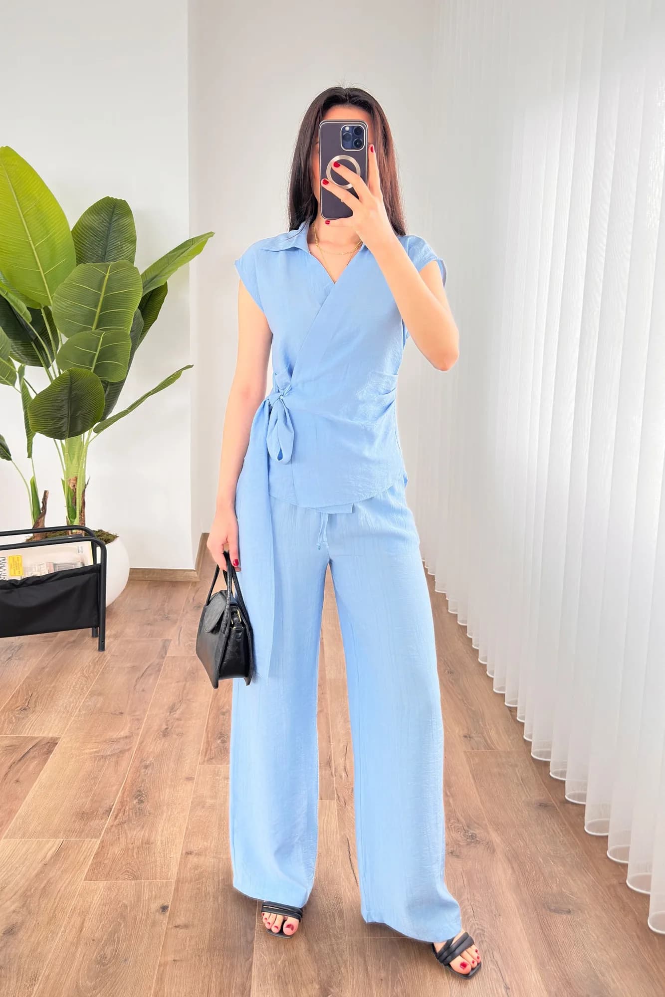 Beli Kuşak Bağlamalı Bluz Pantolon Toptan Bebe Mavi Takım - Bebe Mavi