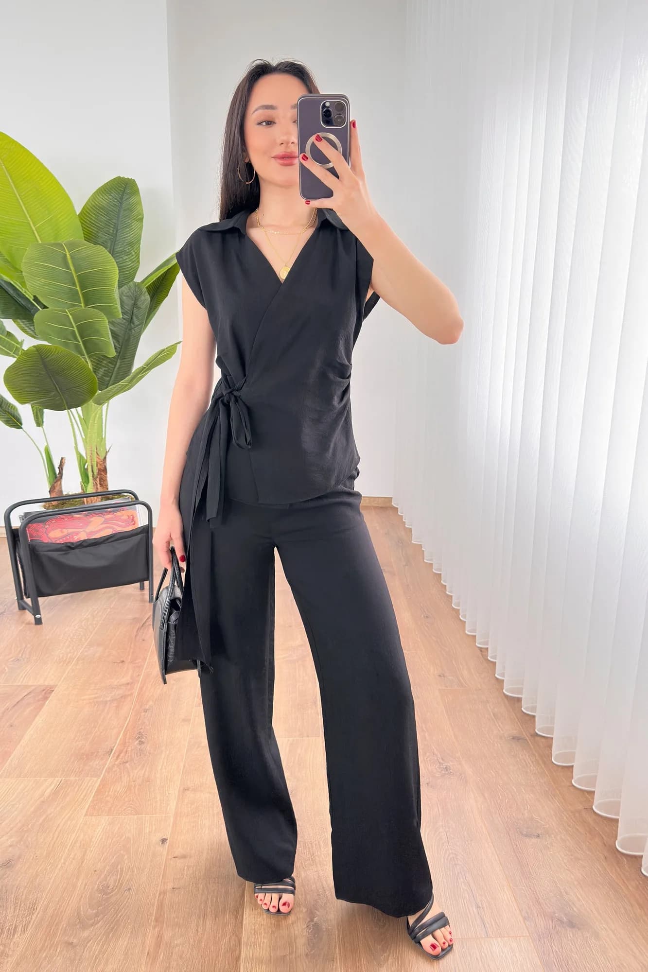 Beli Kuşak Bağlamalı Bluz Pantolon Toptan Siyah Takım - Siyah