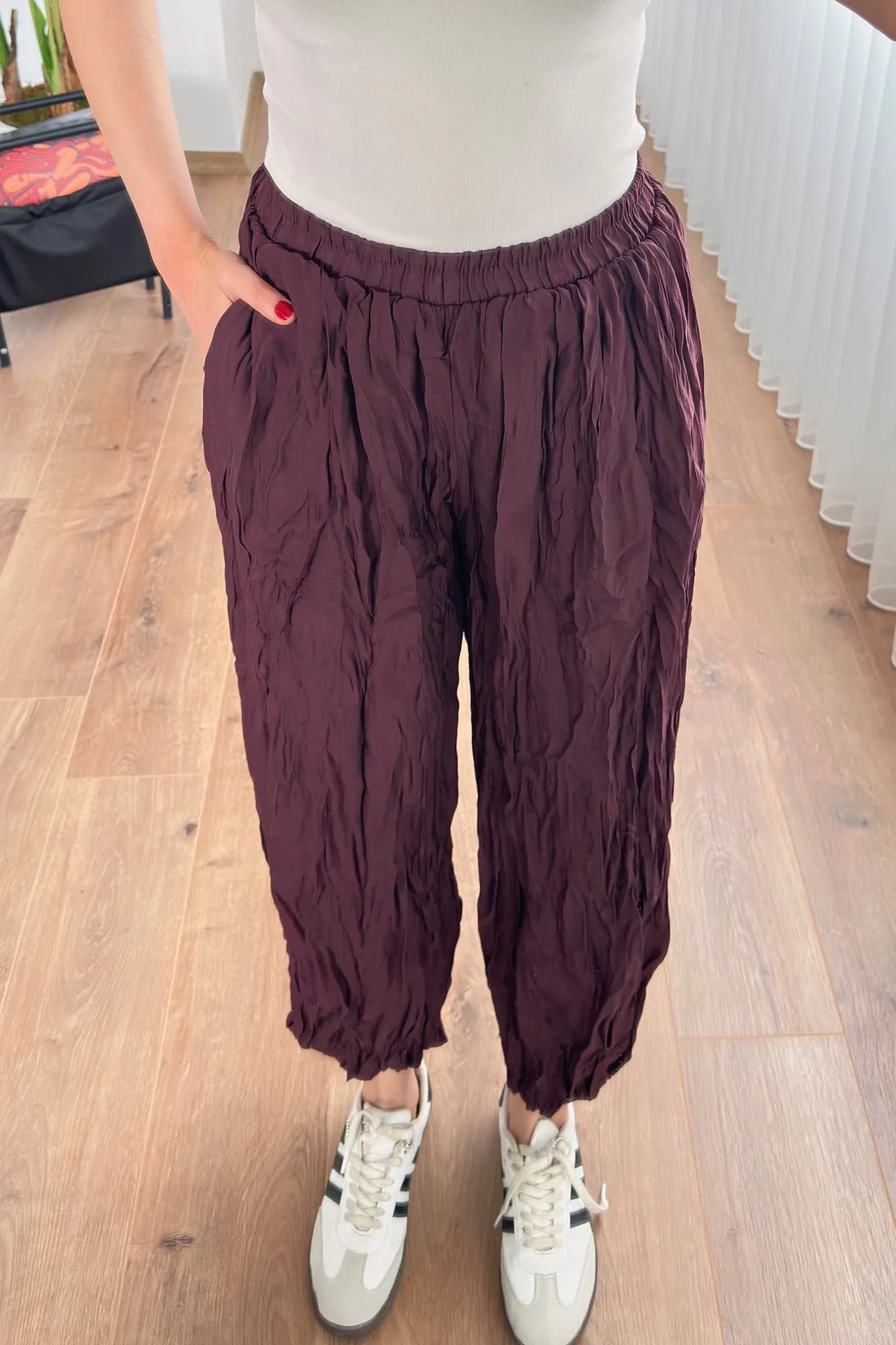 Kırışık Kumaş Toptan Mürdüm Şalvar Pantolon - Mürdüm
