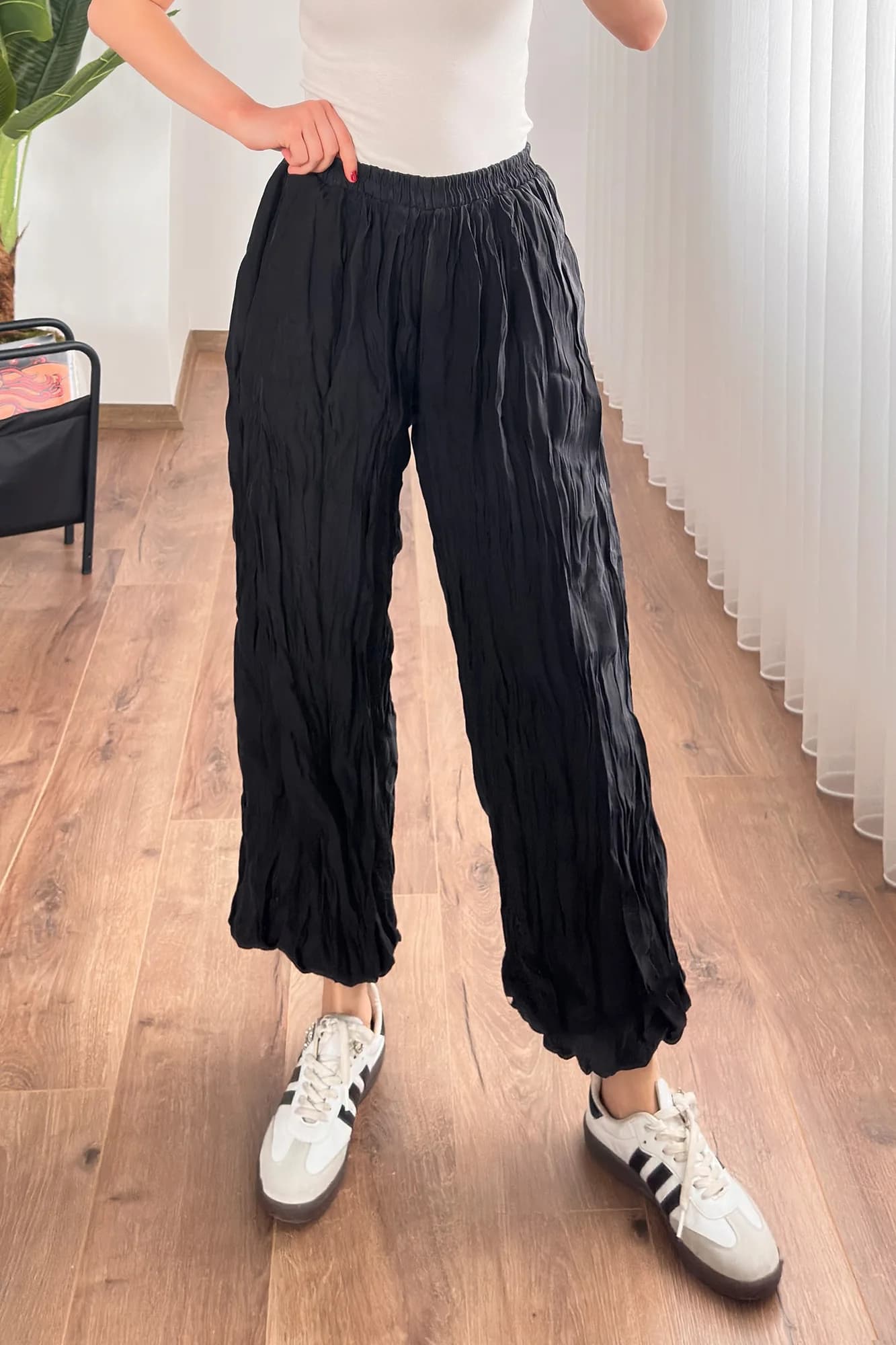 Kırışık Kumaş Toptan Siyah Şalvar Pantolon - Siyah
