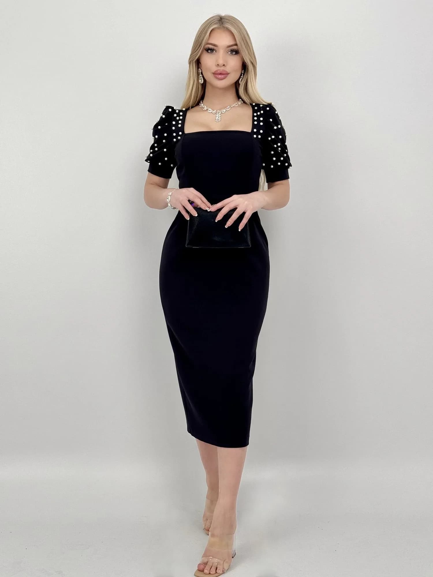 4027 Pearl-Embellished Puff Sleeve Midi Dress - BLACK - SİYAH