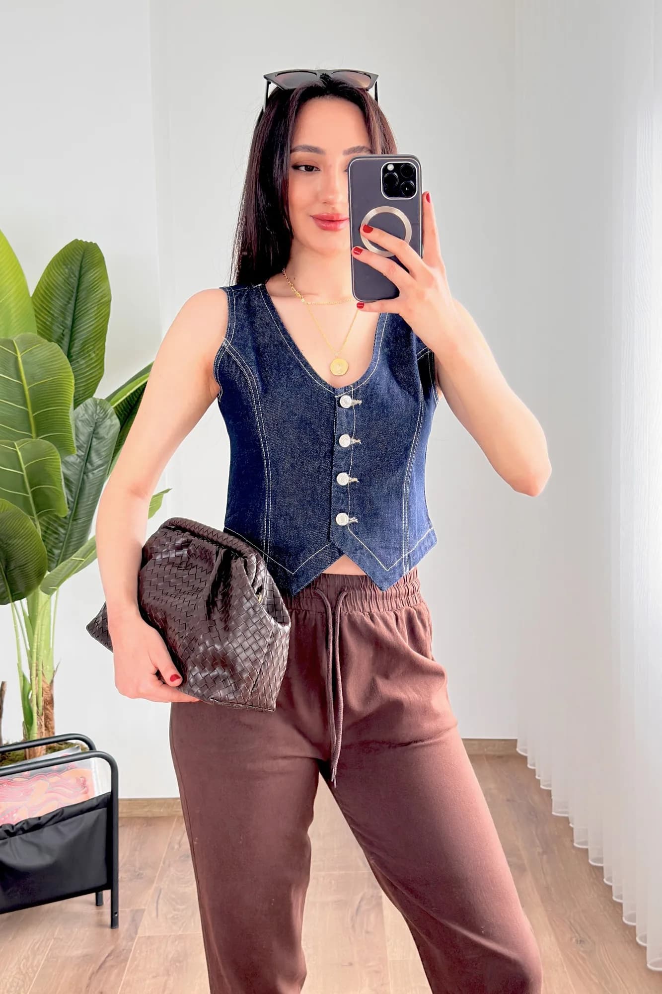 V Yaka Koyu Mavii Denim Toptan Yelek - Koyu Mavi