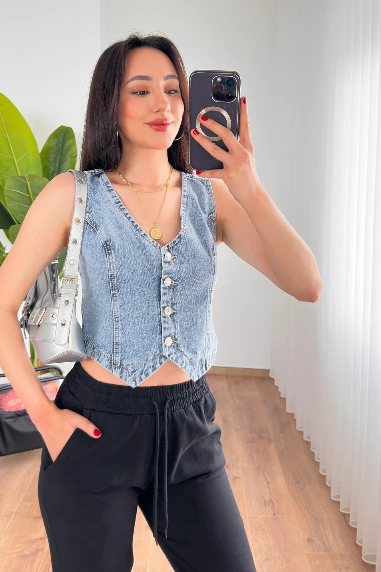 V Yaka Kot Mavii Denim Toptan Yelek - Kot Mavisi