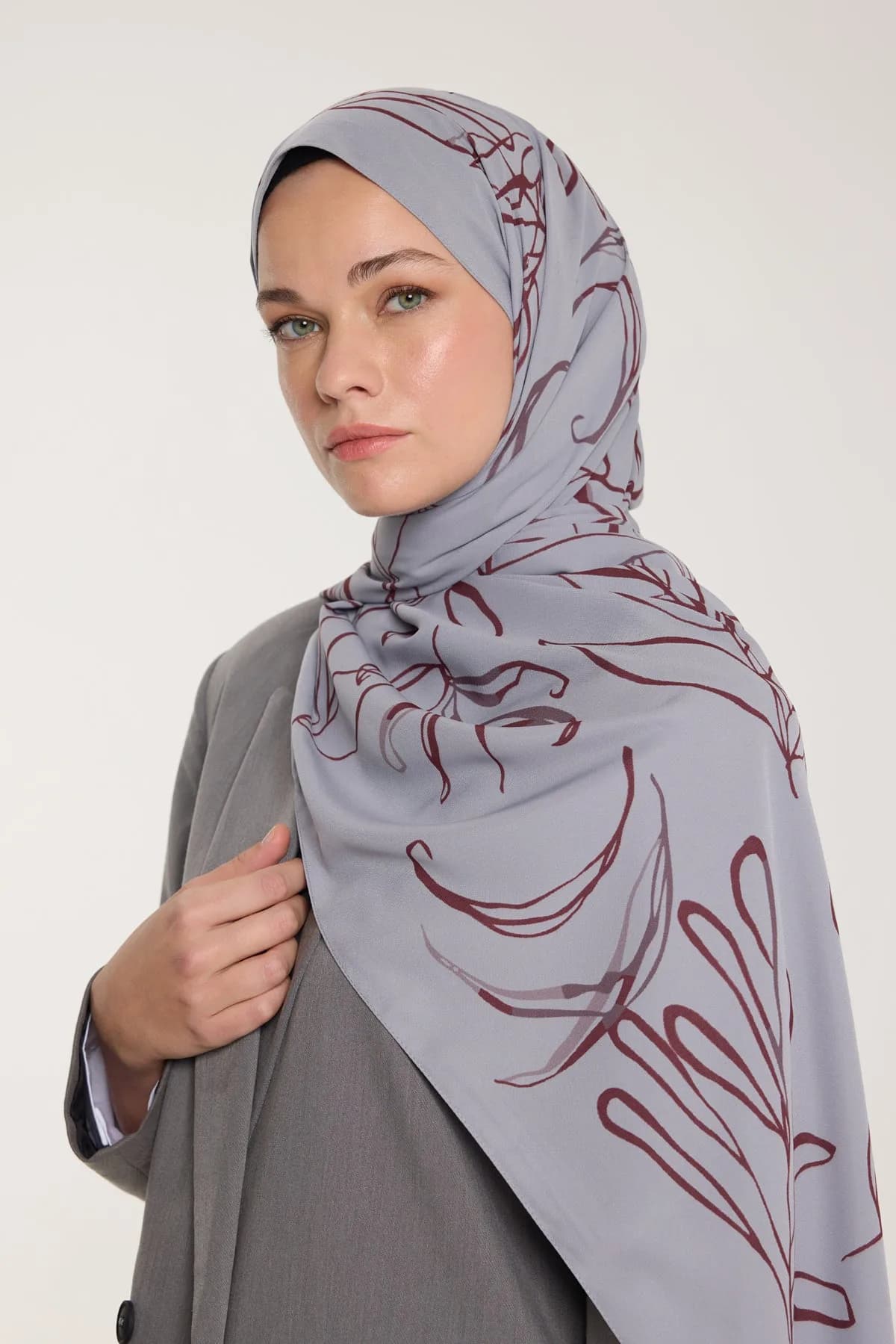 Pure Tone Şal - Yaprak Desen - Gümüş - Bordo - Yaprak Desen - Gümüş - Bordo
