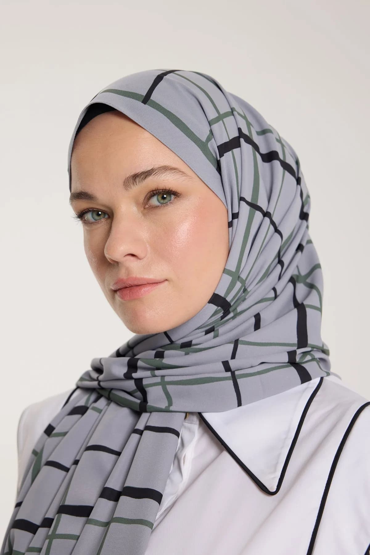 Pure Tone Şal - Kare Desen - Gümüş - Yeşil Laci - Kare Desen - Gümüş - Yeşil Laci