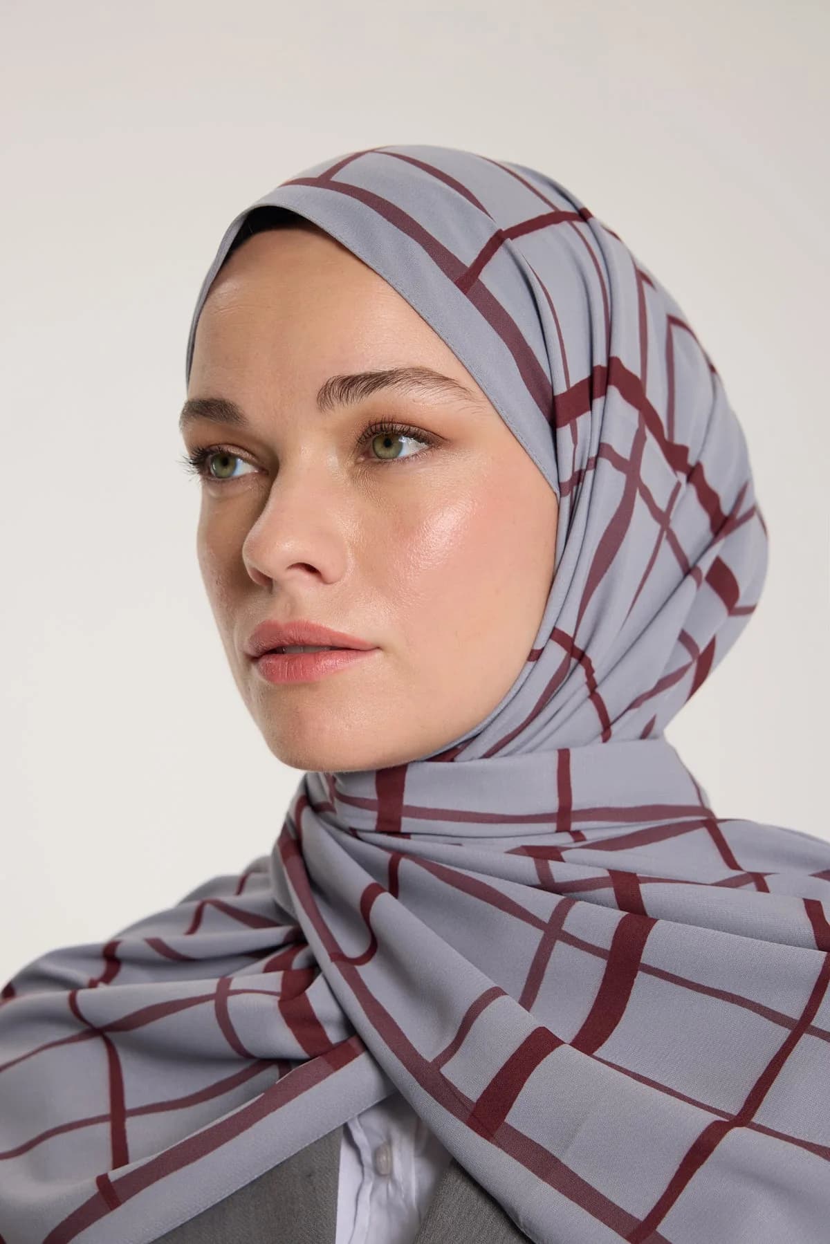 Pure Tone Şal - Kare Desen - Gümüş - Bordo - Kare Desen - Gümüş - Bordo