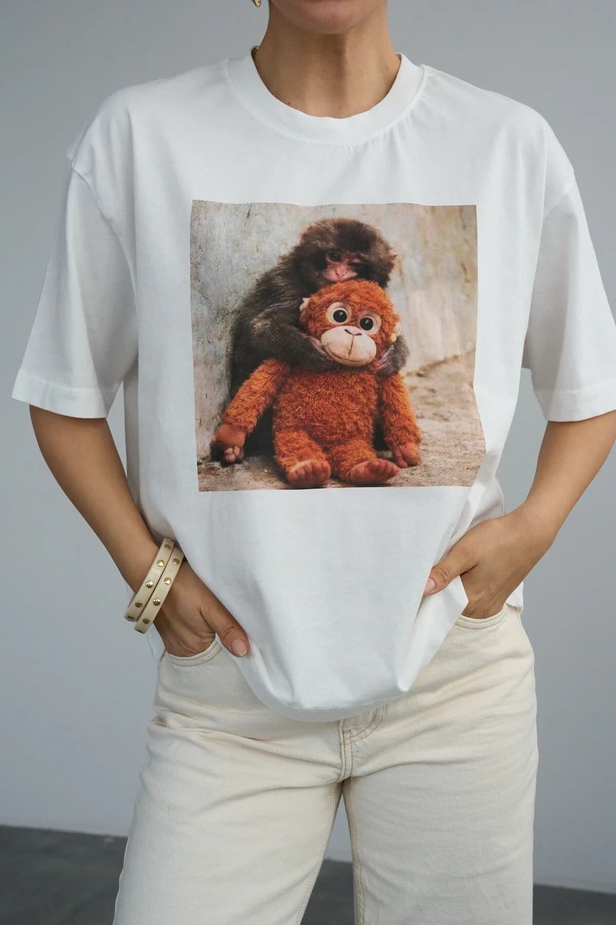 Krem Baby Monkey Baskı T-Shirt