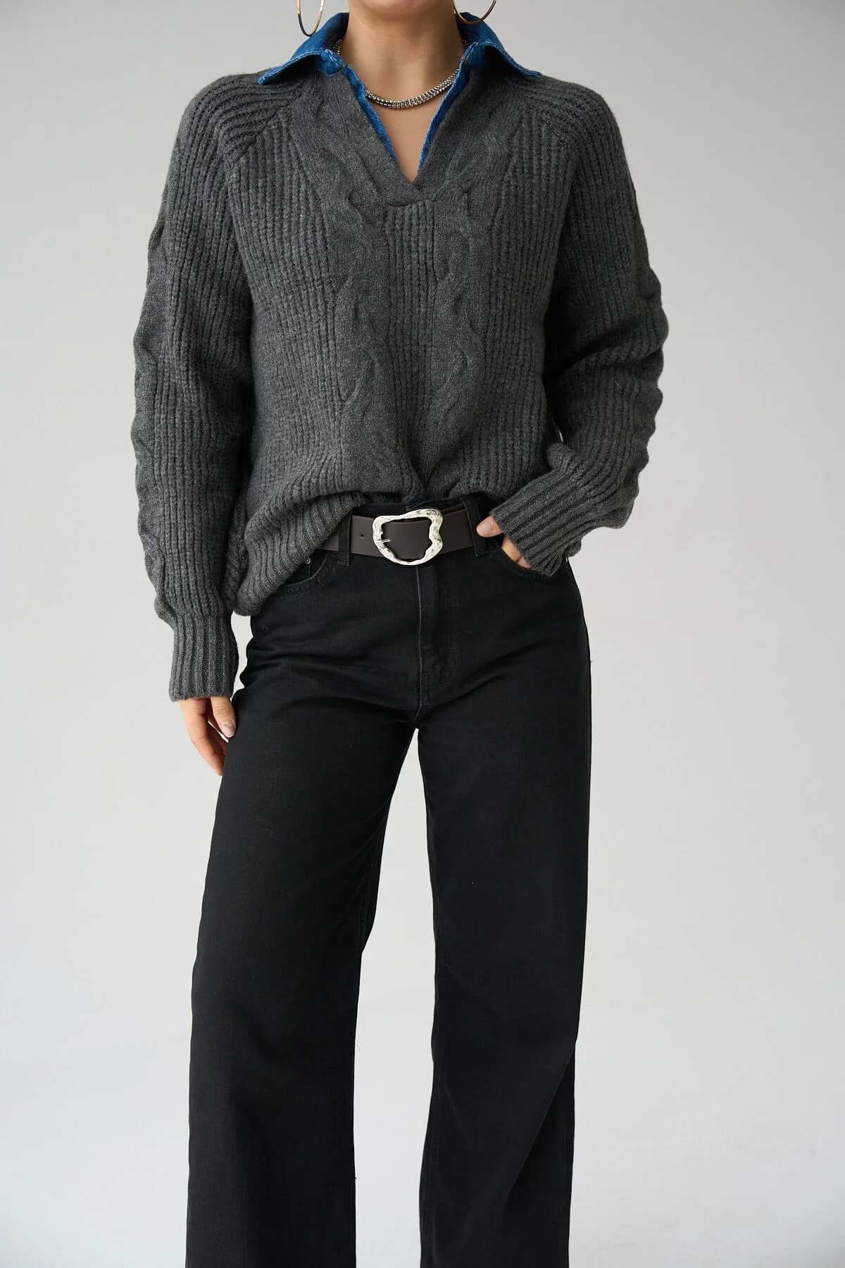 Antrasit-Kahve Yakası Kot Kazak