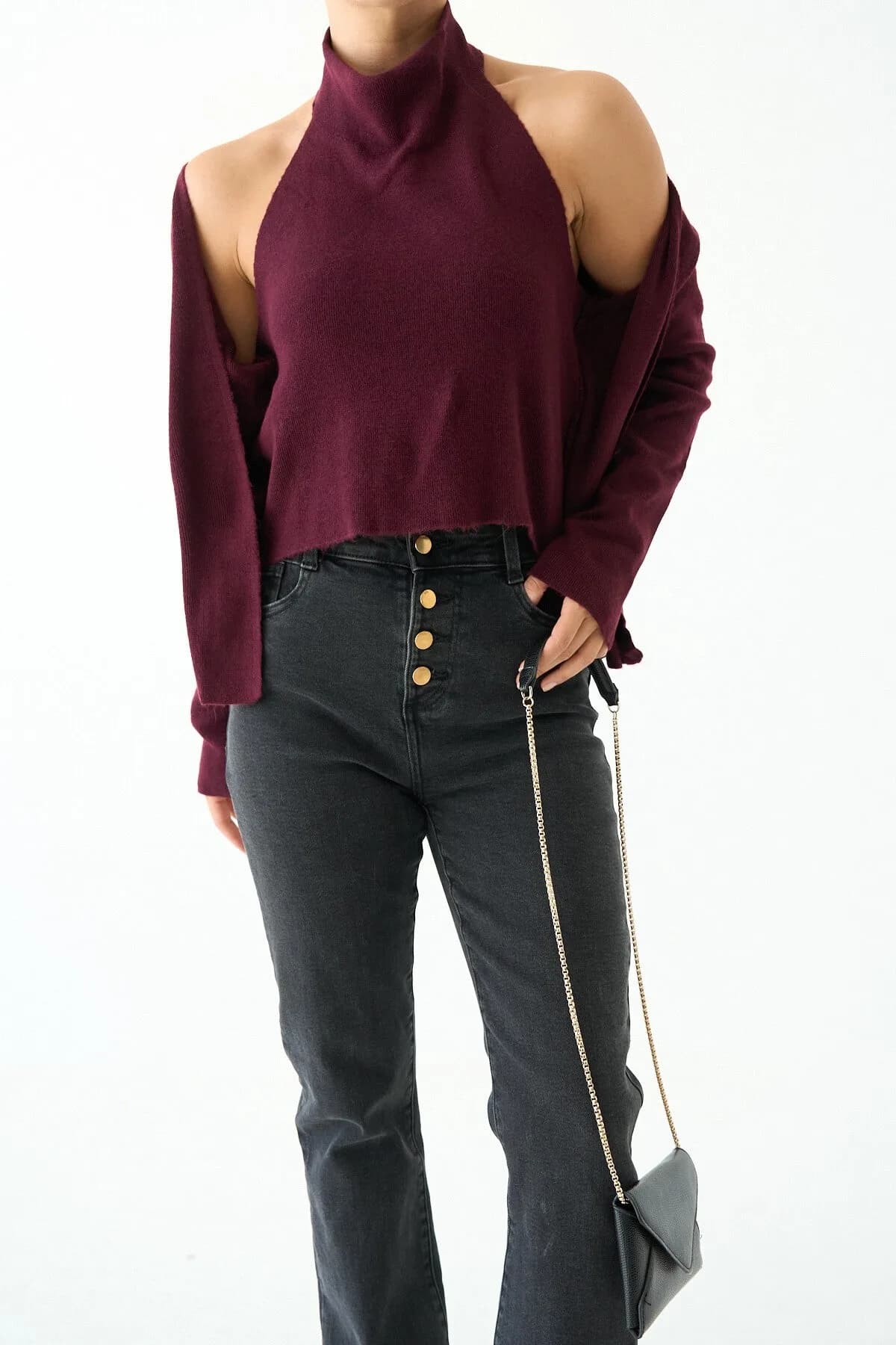 Bordo İçinden Body Detaylı Hırka