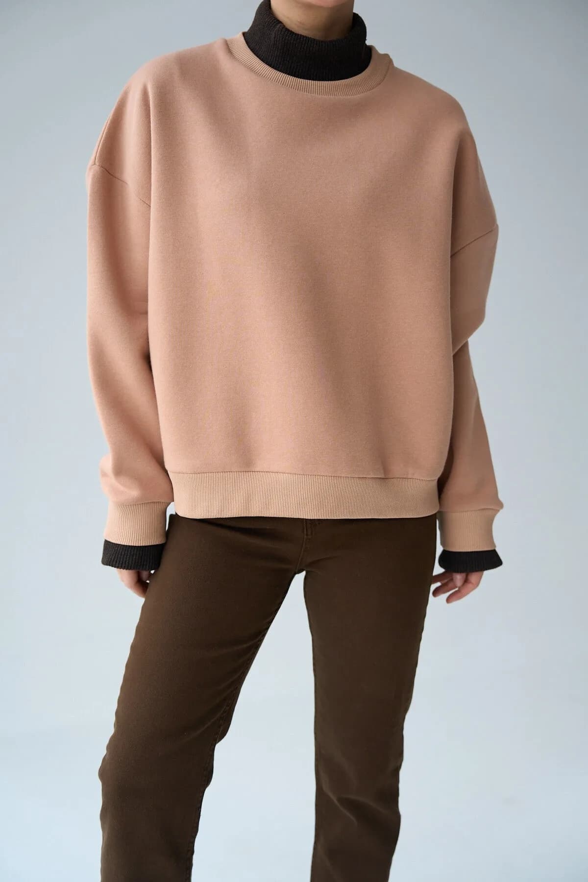 Süt Kahve Triko Parçalı SweatShirt