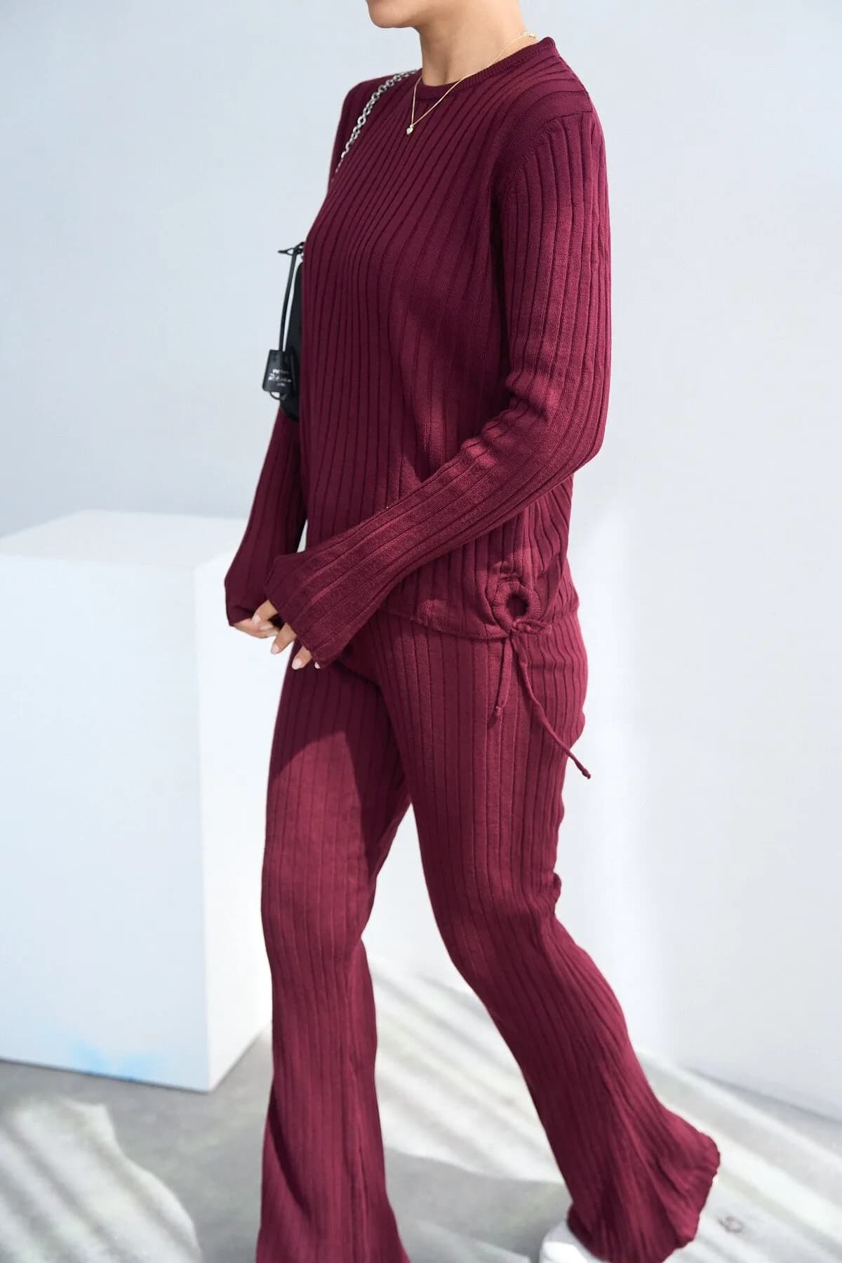 Bordo Fitilli Pantolonlu Takım