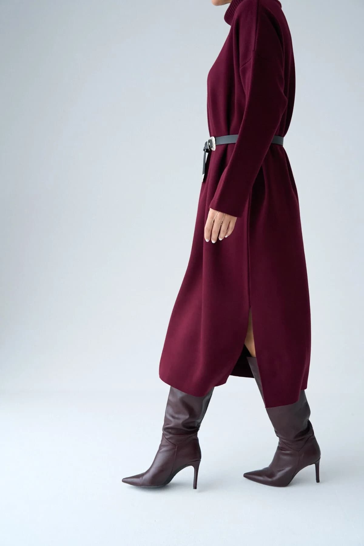 Bordo Balıkçı Yaka Kemerli Elbise