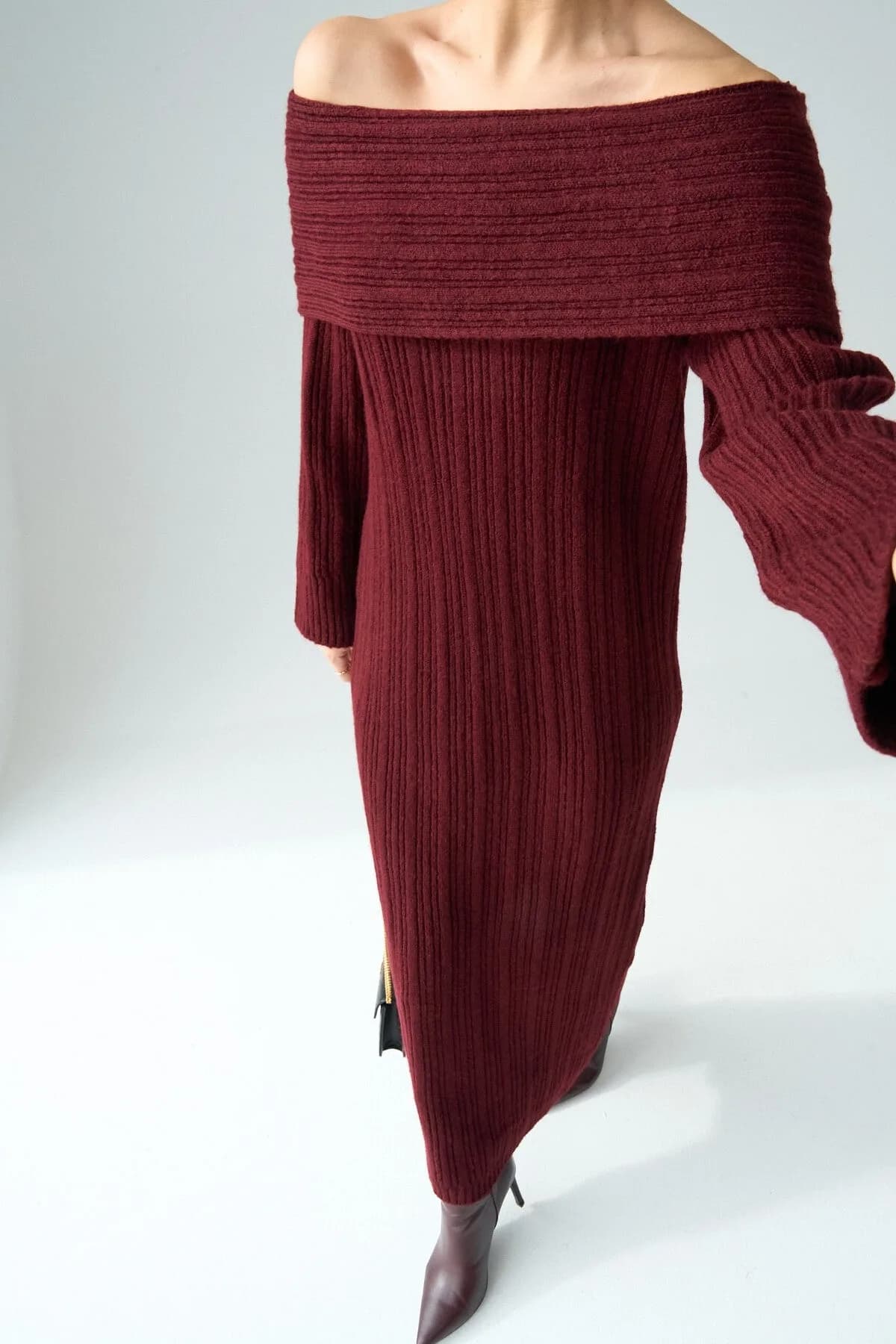 Bordo Degaje Yaka Elbise