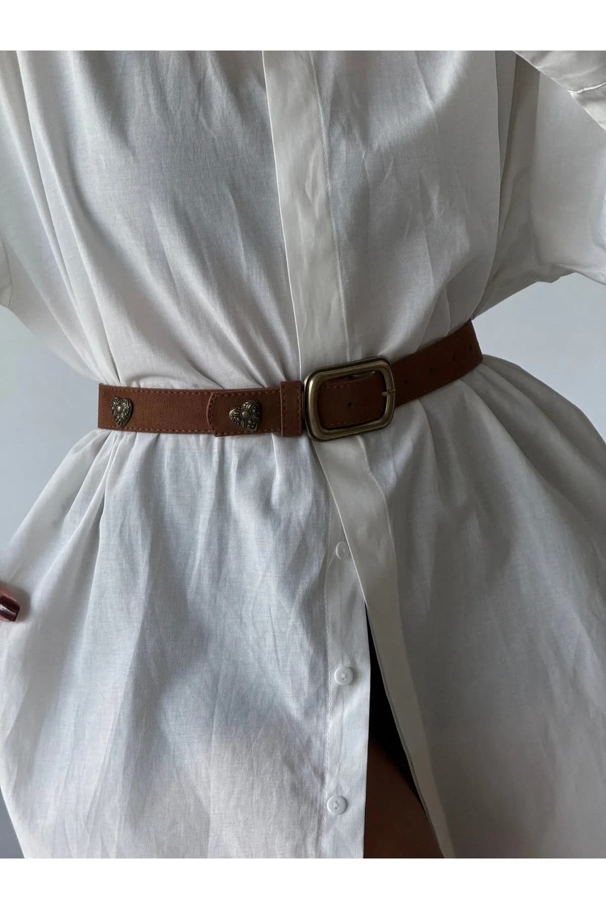 Kare Tokalı Kalp Aksesuarlı Kadın Pantolon Kemeri, Ceket Kemeri, Gömlek Kemeri, Elbise Kemeri - Taba-Antik