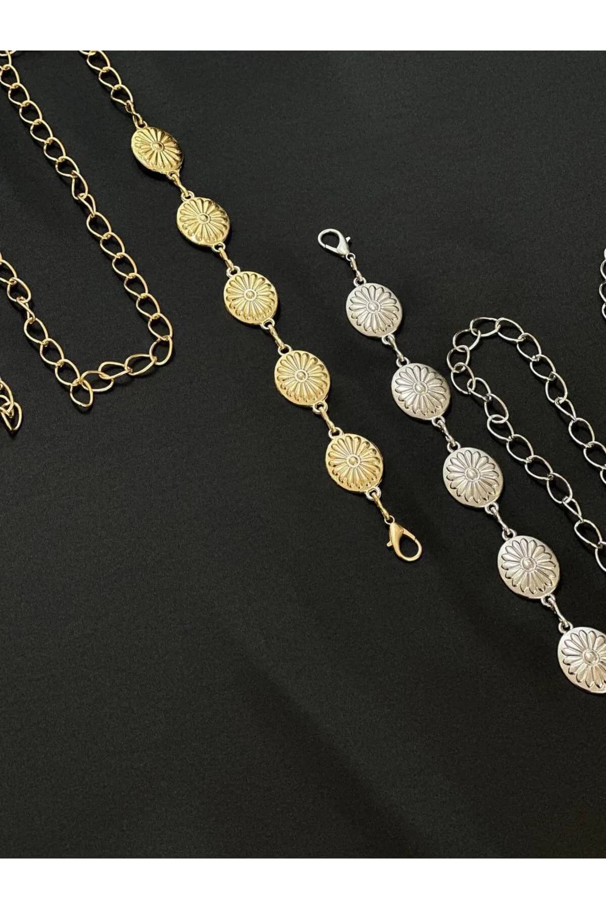 2'li Papatya Gold Gümüş Detaylı Kadın Bel Zinciri Bel Kemeri,Elbise Kemeri,Etek Kemeri - Sarı