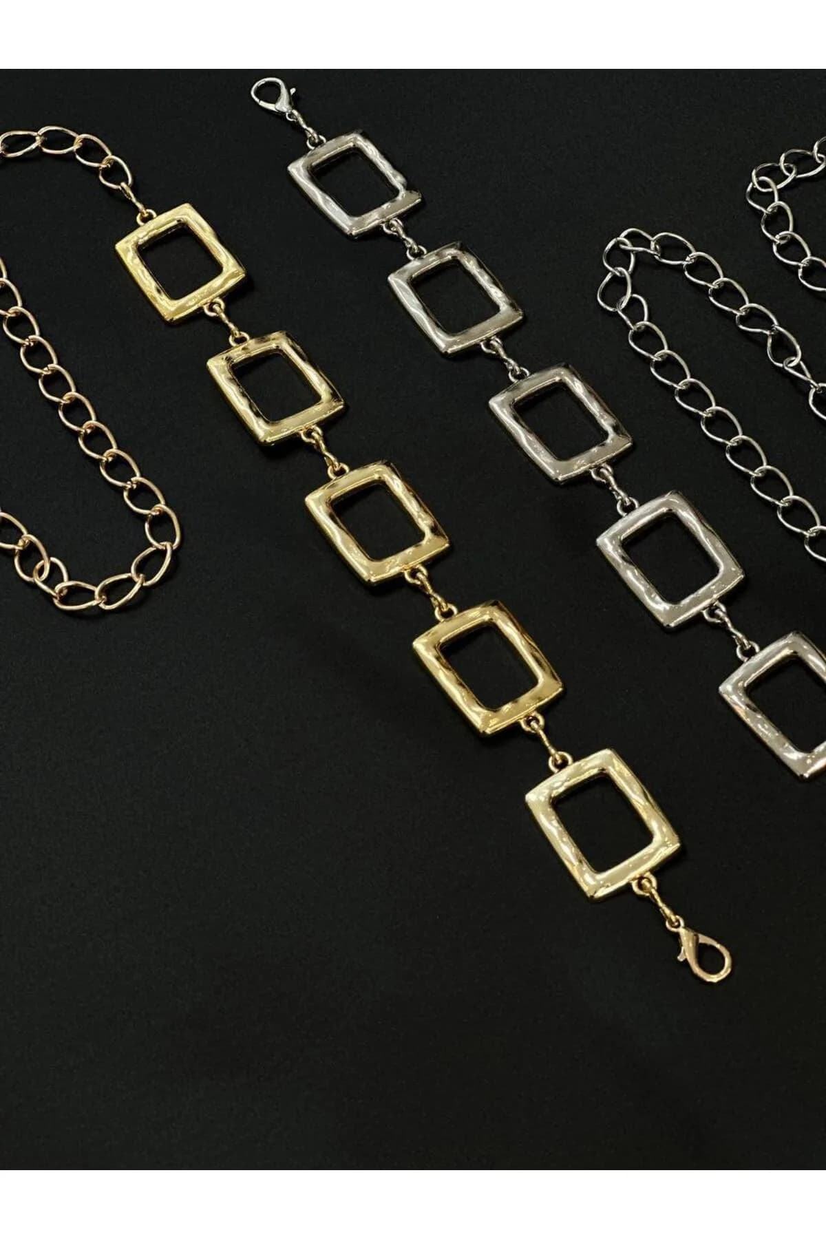 2'li Kare Gold Gümüş Detaylı Kadın Bel Zinciri Detaylı Kadın Bel Zinciri Bel Kemeri,Elbise Kemeri, - Altın2li