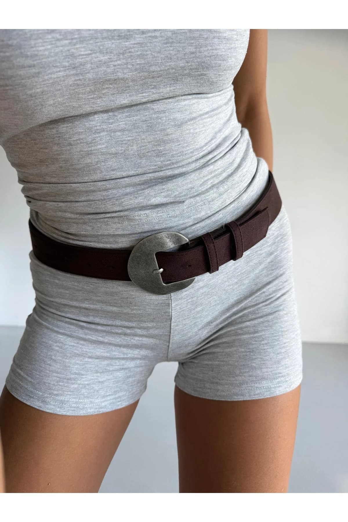 Süet Oval Tokalı Kadın Pantolon Kemeri, Ceket Kemeri, Elbise Kemeri, Gömlek Kemeri - Kahverengi-Karartma