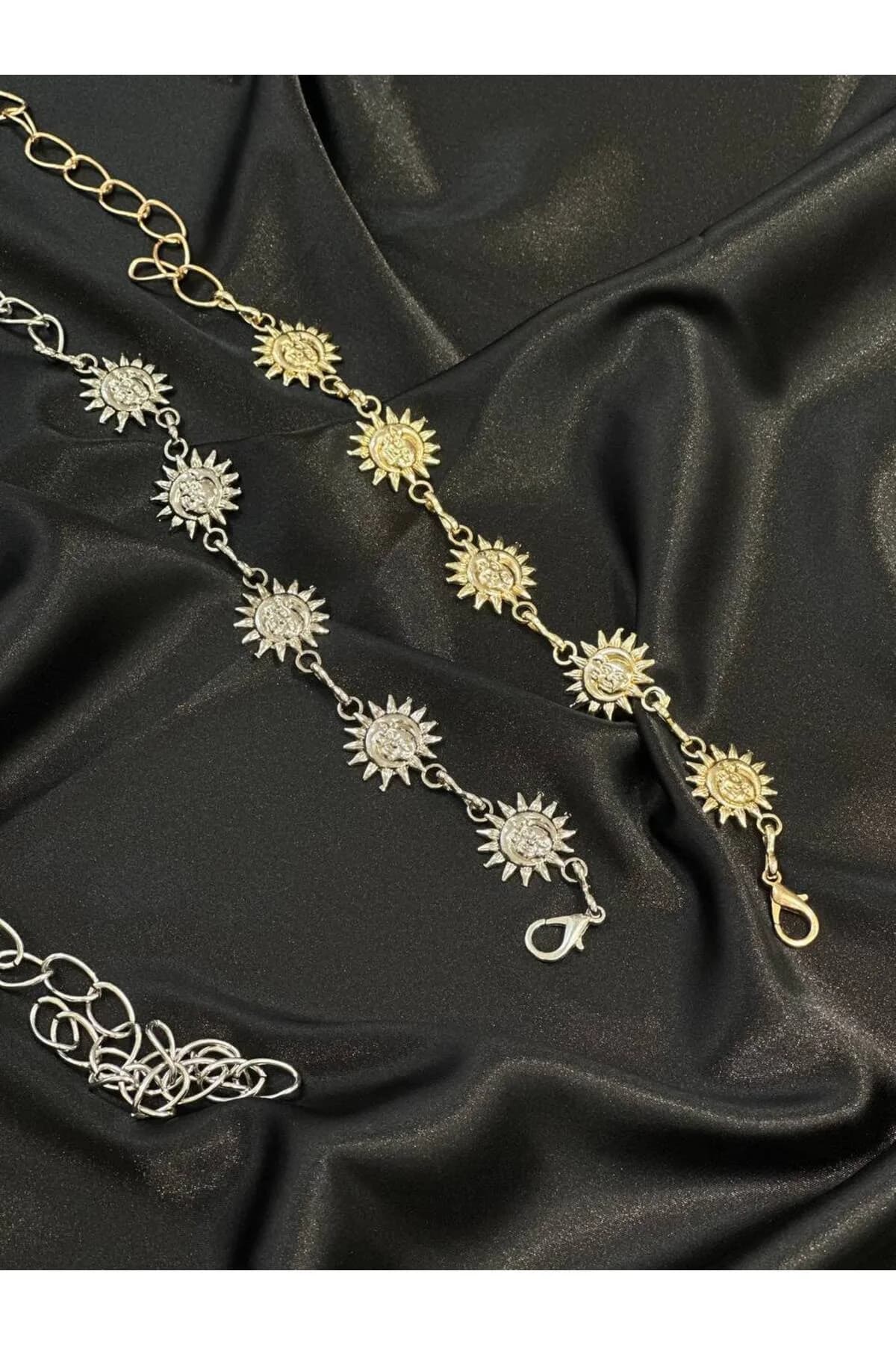 Güneş Gold Ve Gümüş Detaylı Kadın Bel Zinciri Bel Kemeri,Elbise Kemeri,Etek Kemeri,Pantolon Kemeri - Gold-Gümüş
