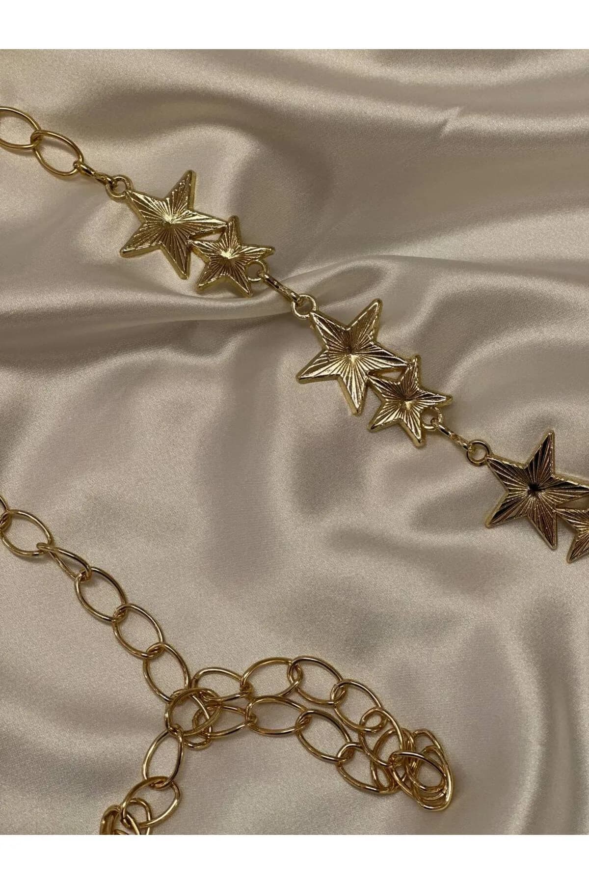 Yıldızlı Zincir Detaylı Kadın Kemeri Bel Kemeri,Elbise Kemeri,Etek Kemeri,Pantolon Kemeri - Gold