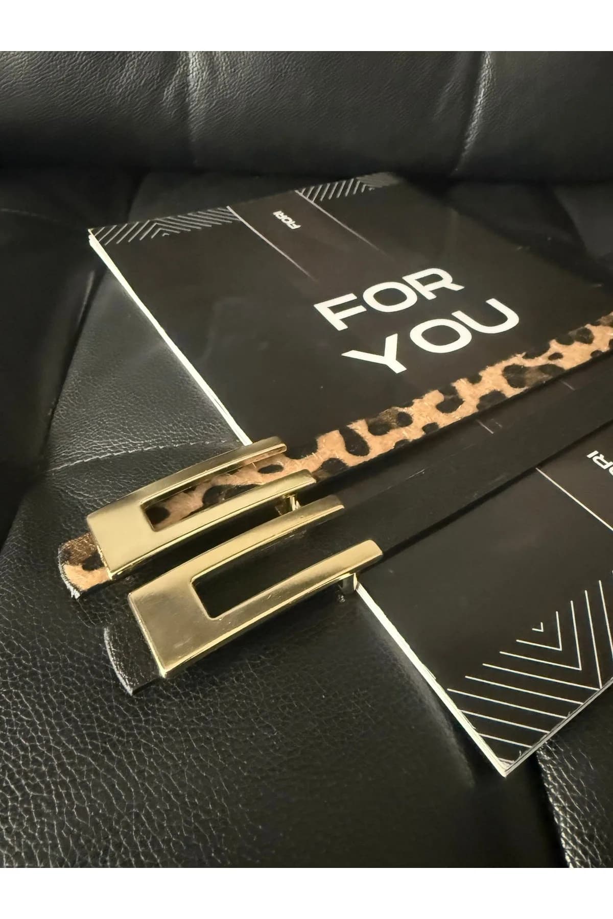 Tasarım Gold Tokalı Ince Kadın Kemeri, Ceket Kemeri, Gömlek Kemeri, Elbise Kemeri - Siyah-Leopar