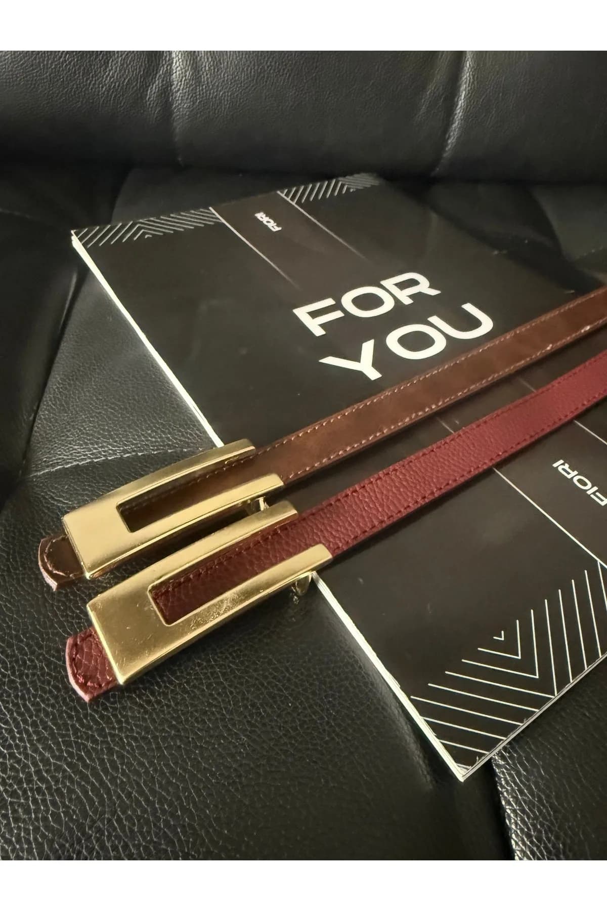 Tasarım Gold Tokalı Ince Kadın Kemeri, Ceket Kemeri, Gömlek Kemeri, Elbise Kemeri - Bordo-Kahve