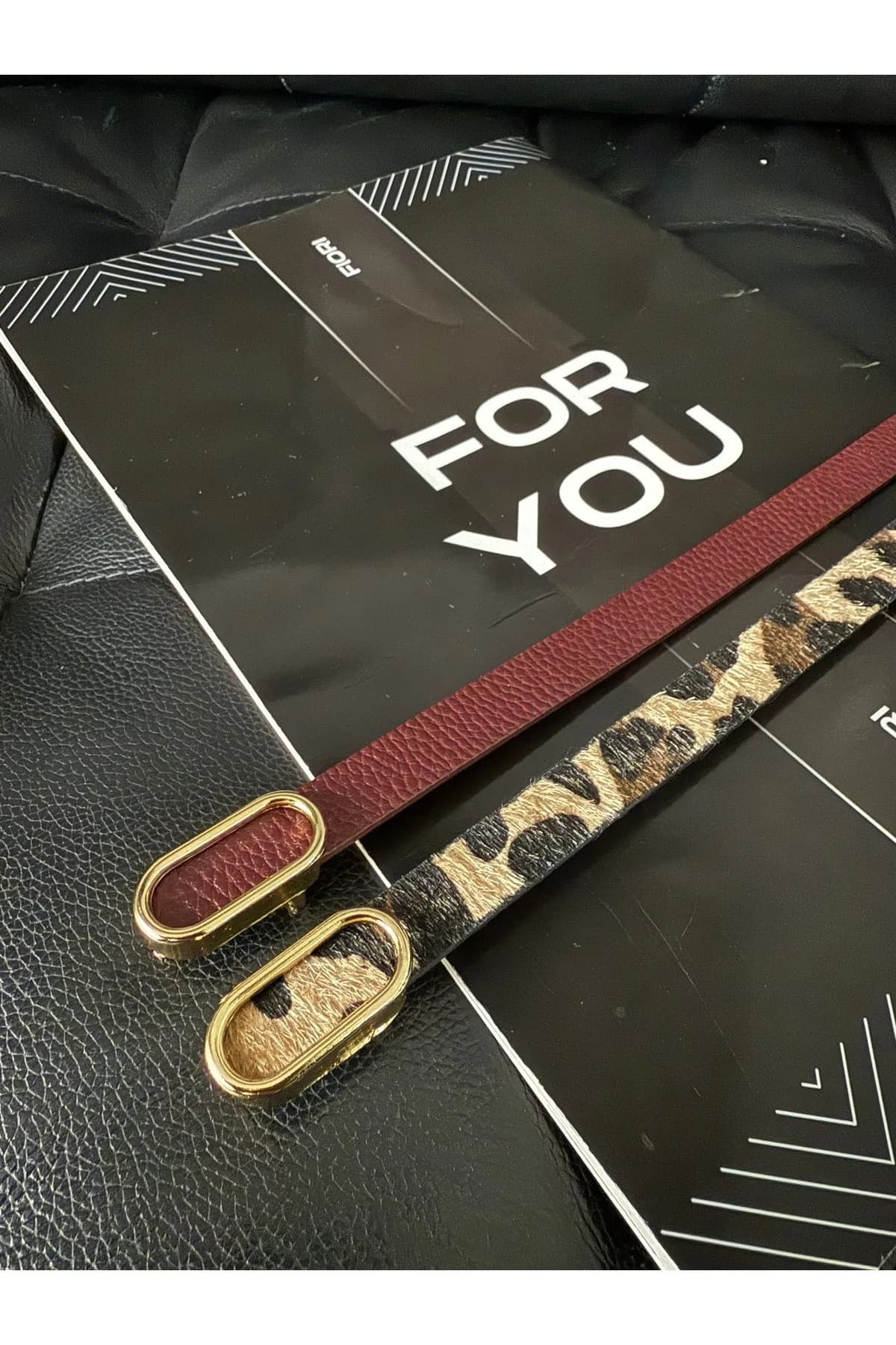 2’li Ithal Oval Gold Tokalı Ince Kemer, Pantolon Kemeri, Gömlek Kemeri, Ceket Kemeri - Bordo-Leopar